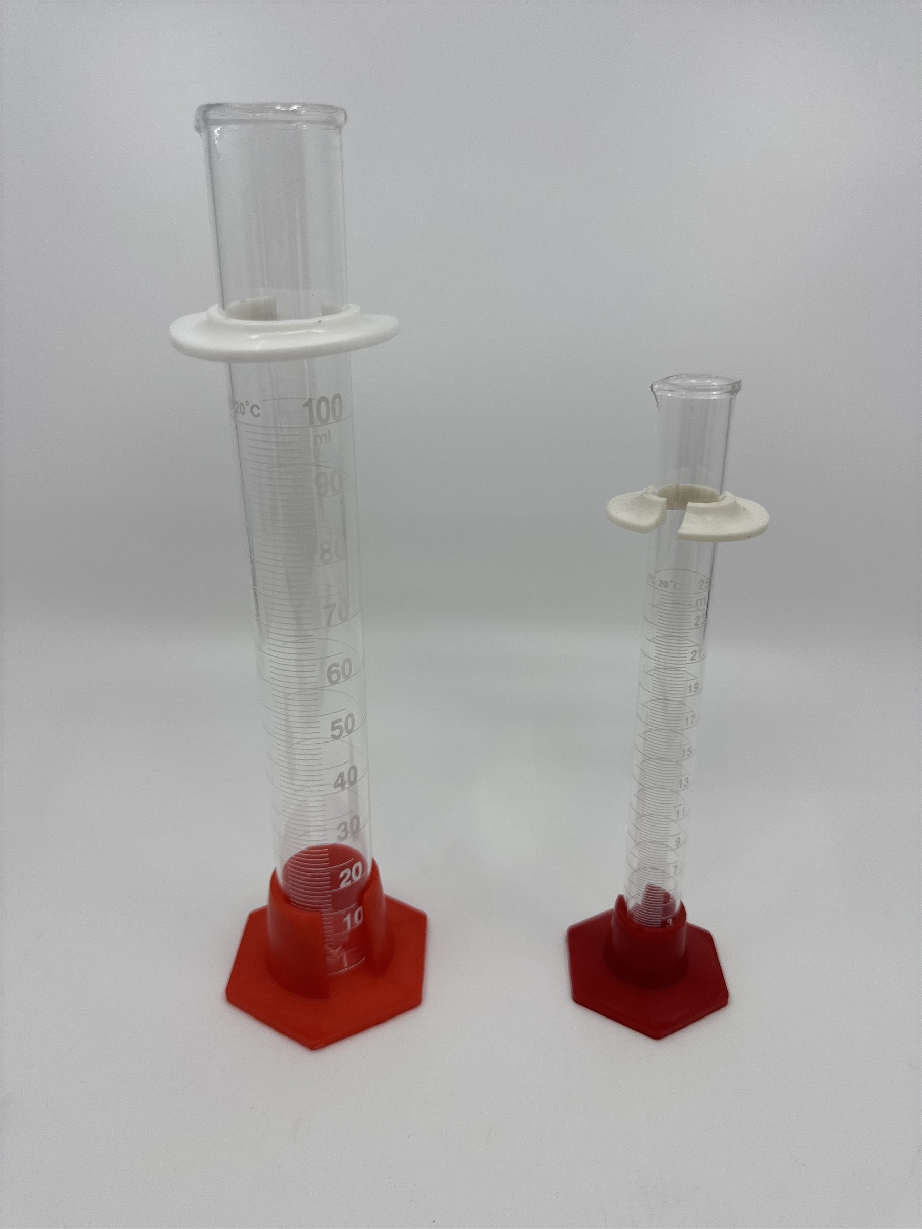 Lab Glass Graduated Cylinder Glass 25mL and 100mL Set of 2 Red Hex Bases