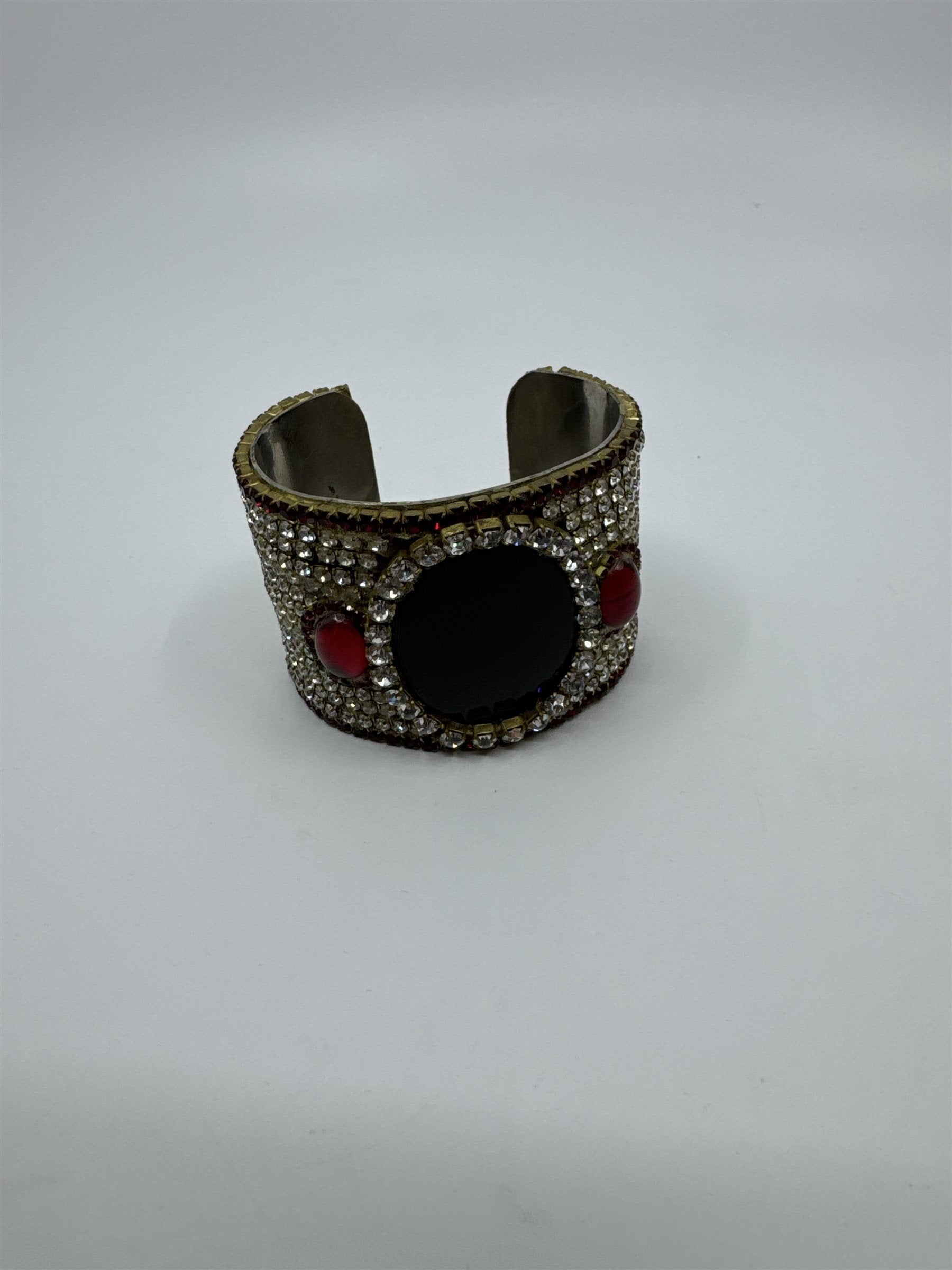 Vintage Handmade 1980's 1984 Randy B Lang Womens Cuff Bracelet Black Glass Rhine