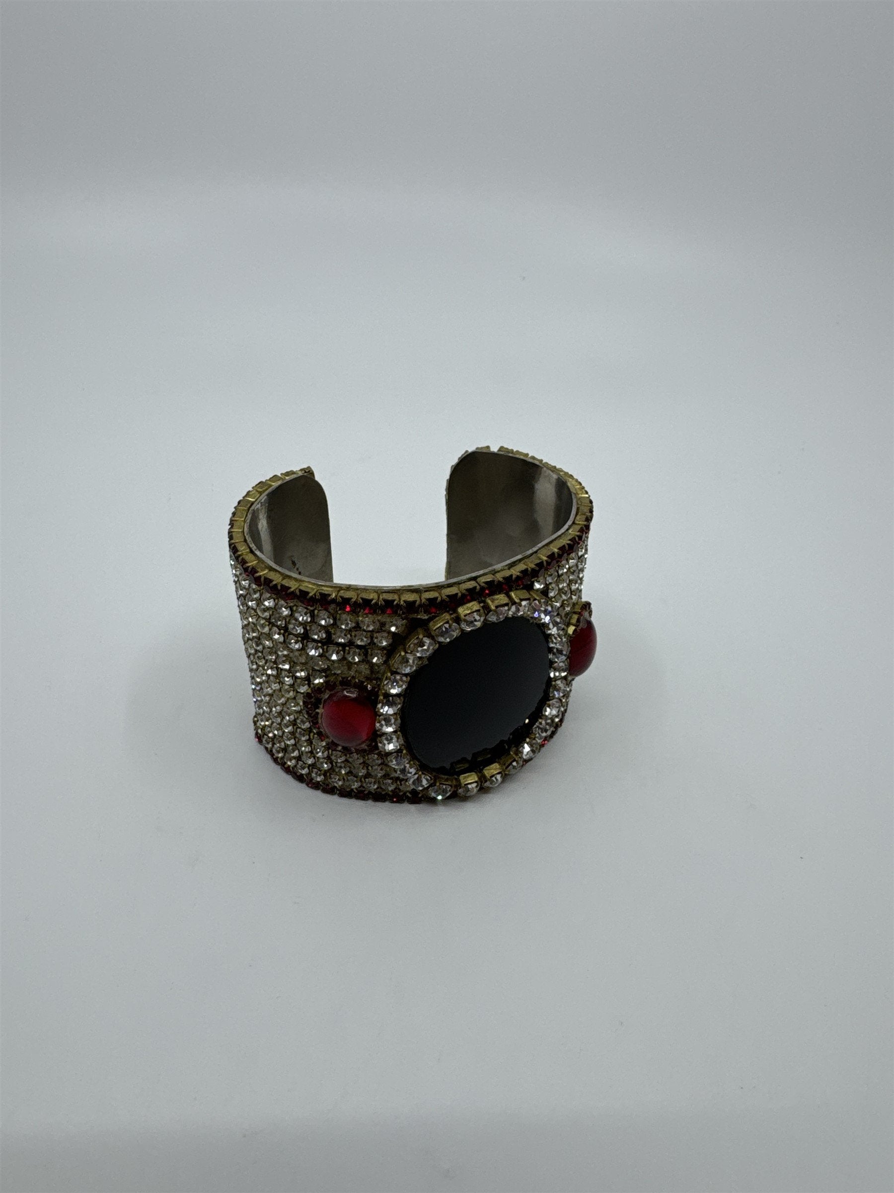 Vintage Handmade 1980's 1984 Randy B Lang Womens Cuff Bracelet Black Glass Rhine