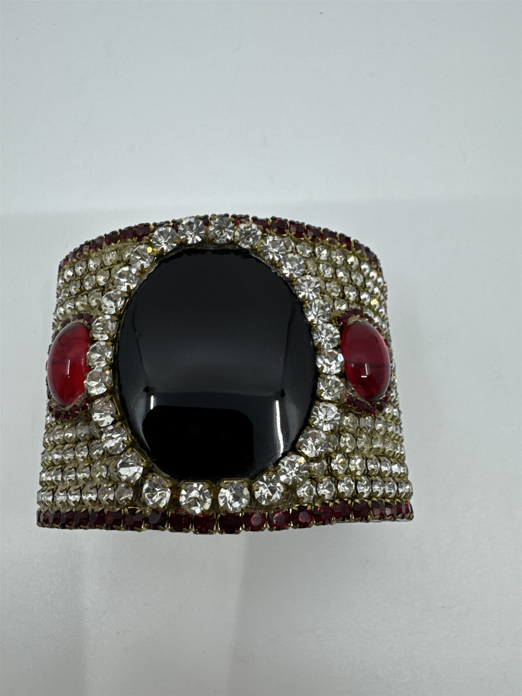 Vintage Handmade 1980's 1984 Randy B Lang Womens Cuff Bracelet Black Glass Rhine