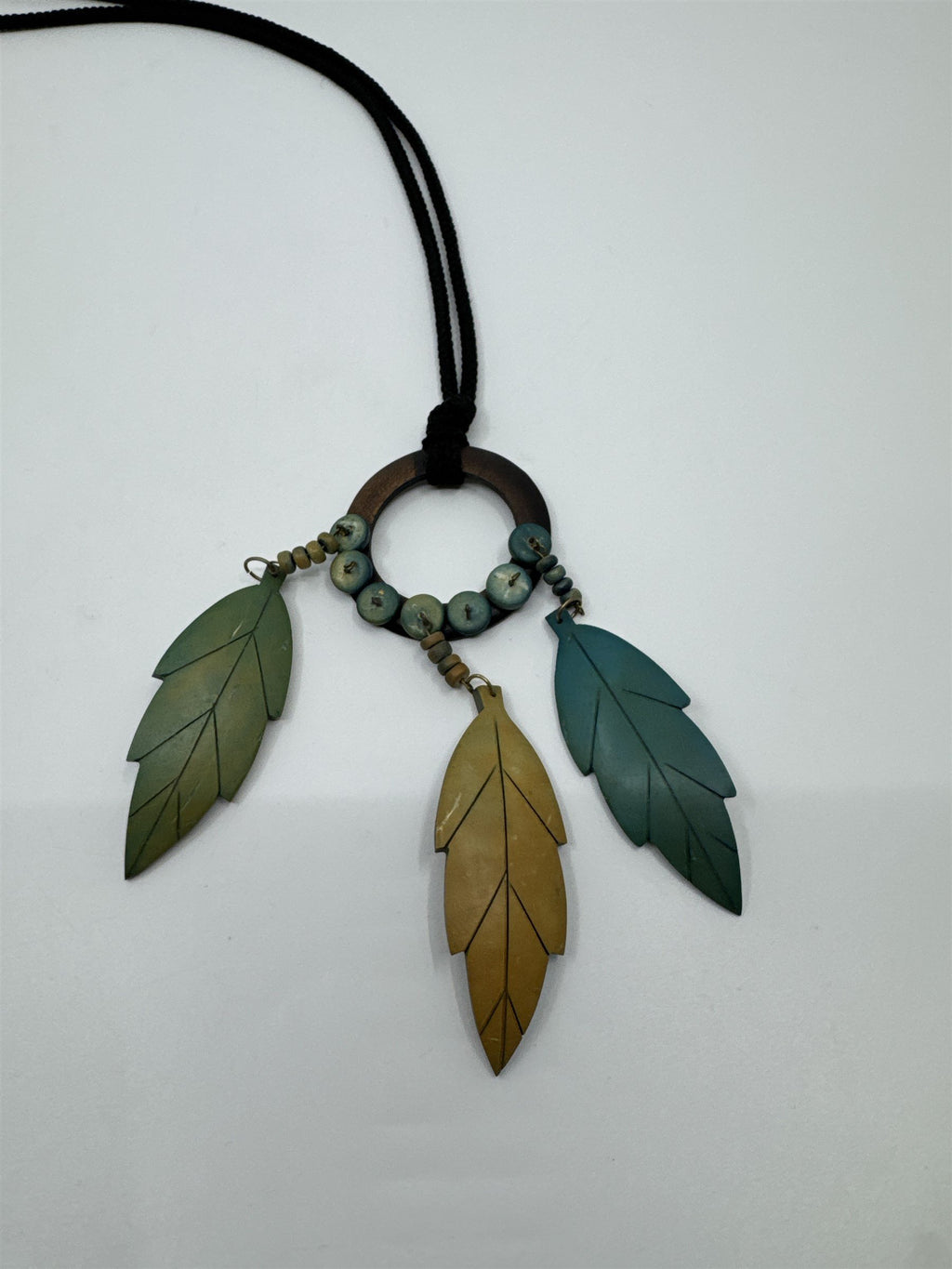 Vintage Bolo Native American Neck Tie Rope Wooden Beads and Wooden Feathers