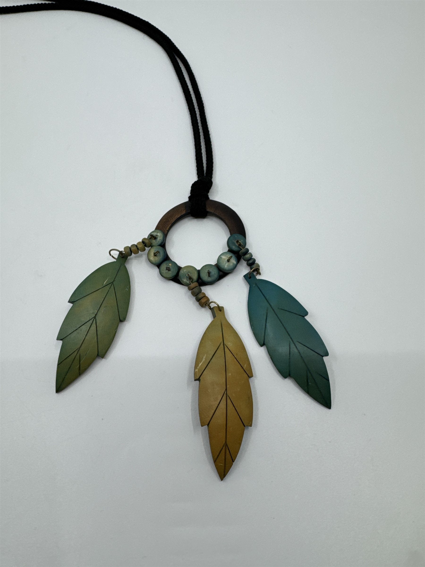 Vintage Bolo Native American Neck Tie Rope Wooden Beads and Wooden Feathers