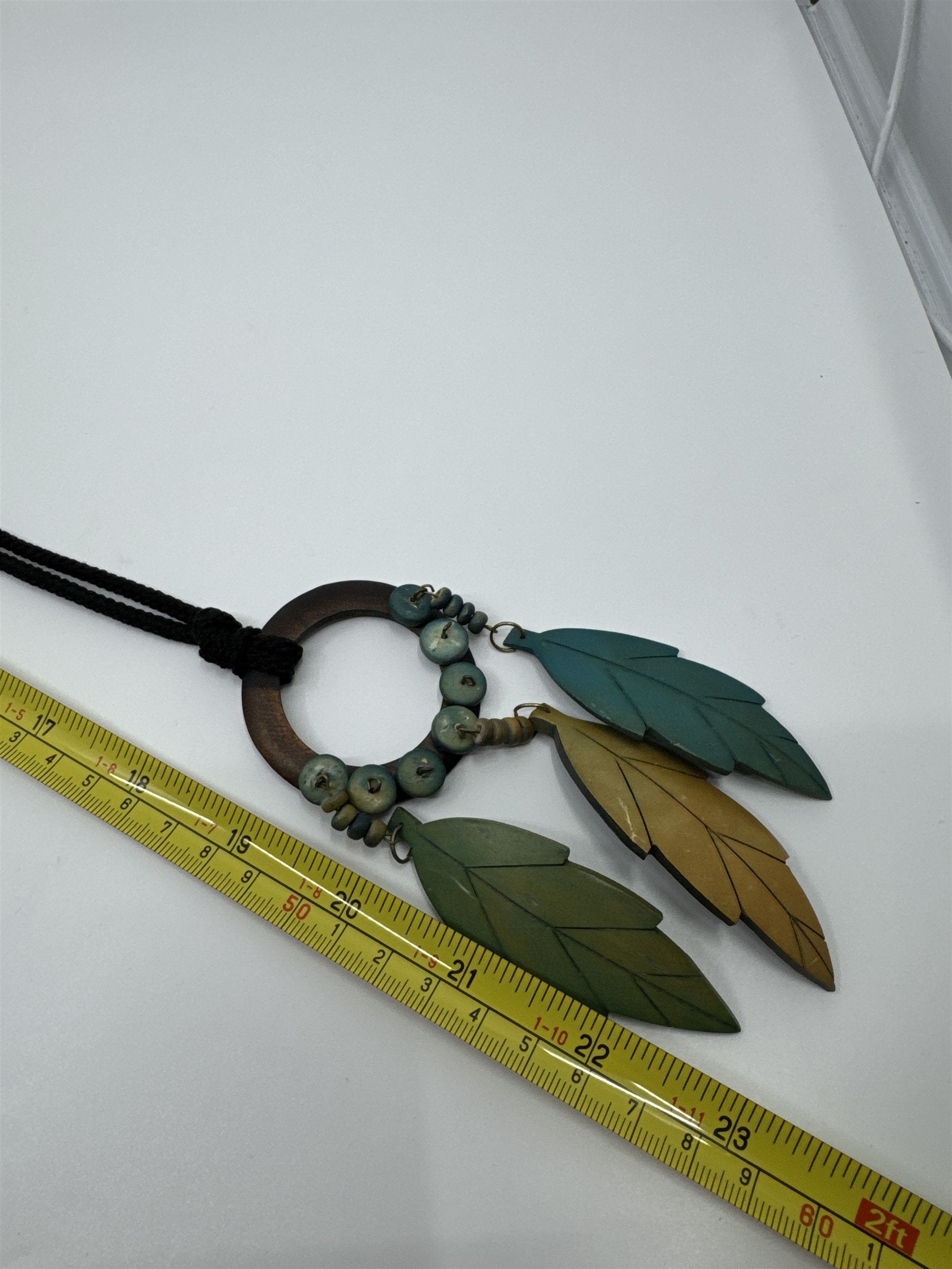 Vintage Bolo Native American Neck Tie Rope Wooden Beads and Wooden Feathers