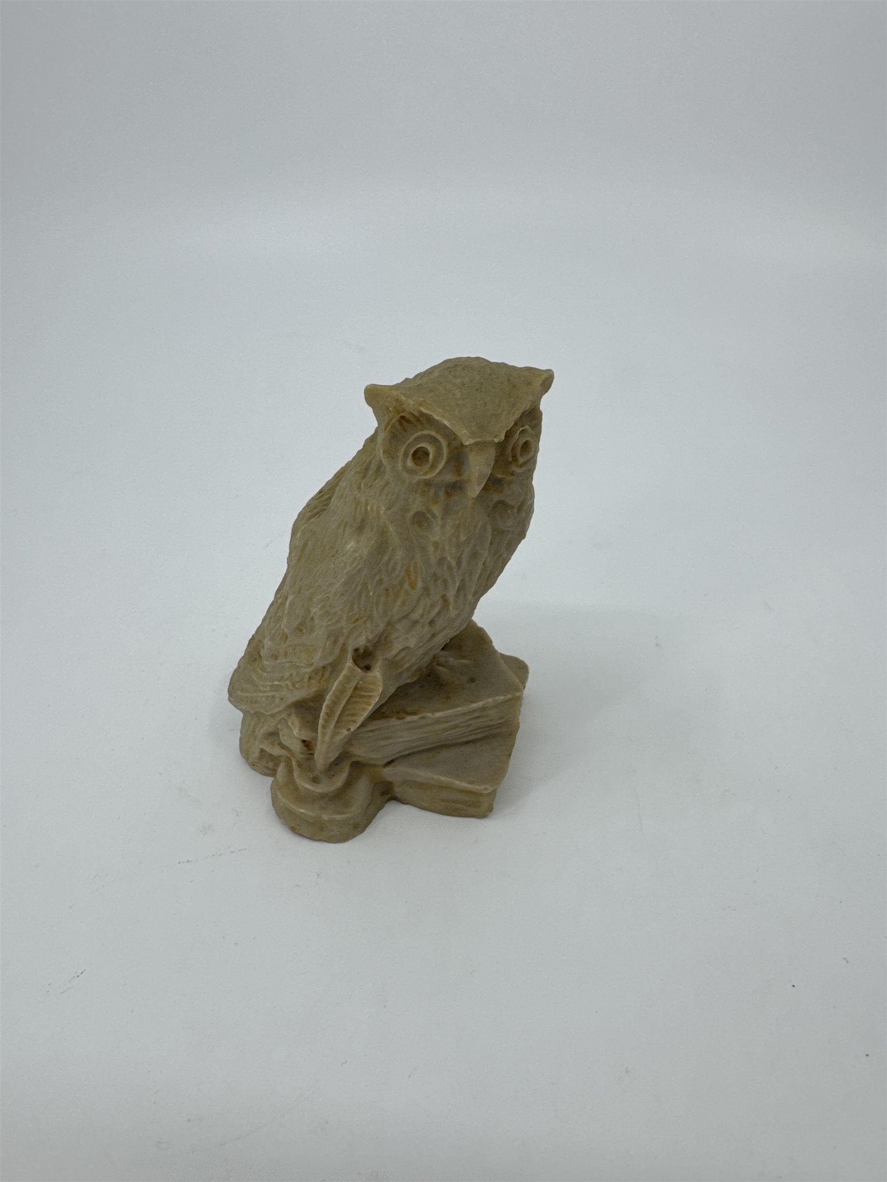 Vintage 3" Carved Owl Bird Figurine Stone on Books /w Quill Ink Well Smart Owl