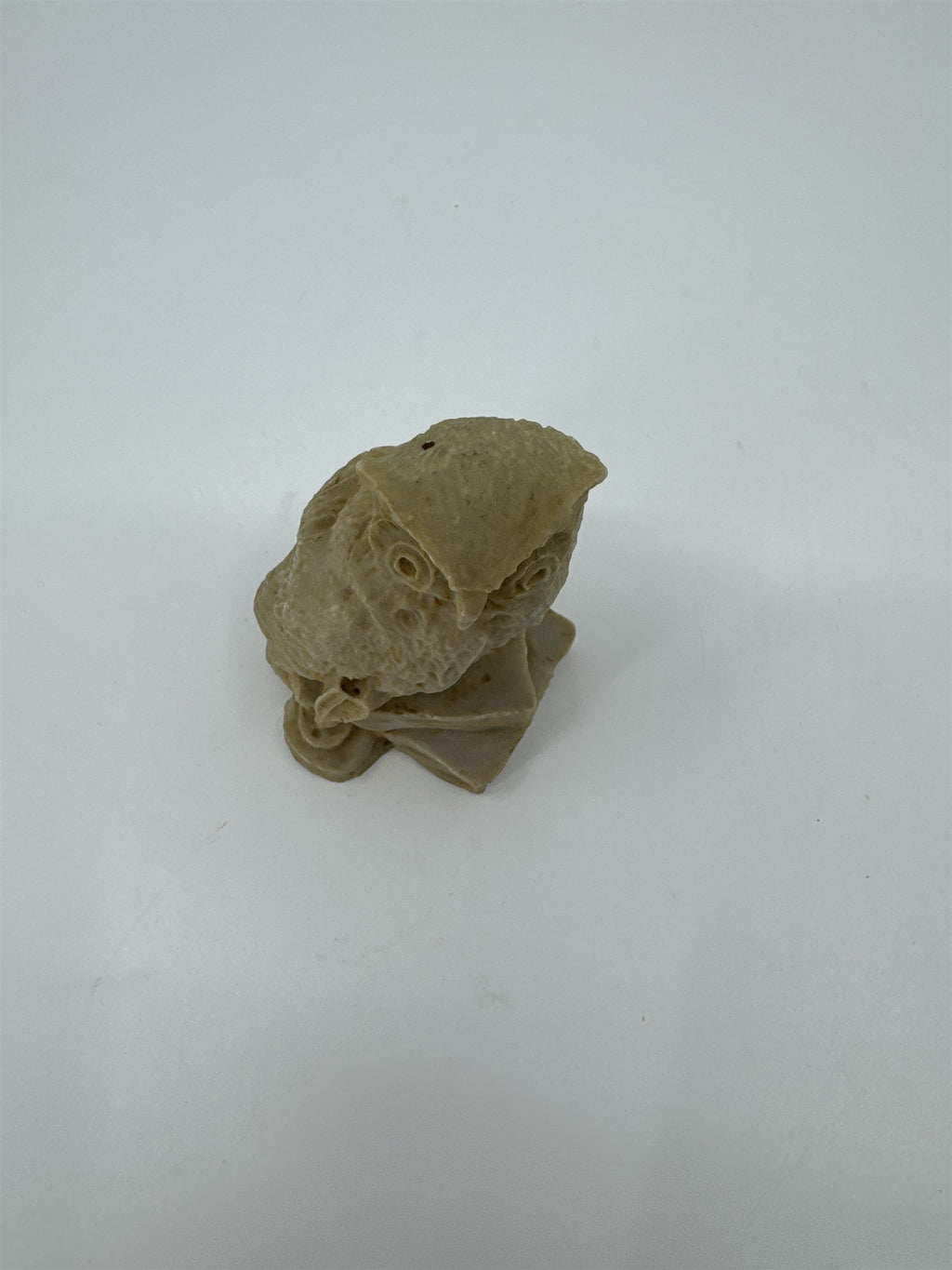 Vintage 3" Carved Owl Bird Figurine Stone on Books /w Quill Ink Well Smart Owl