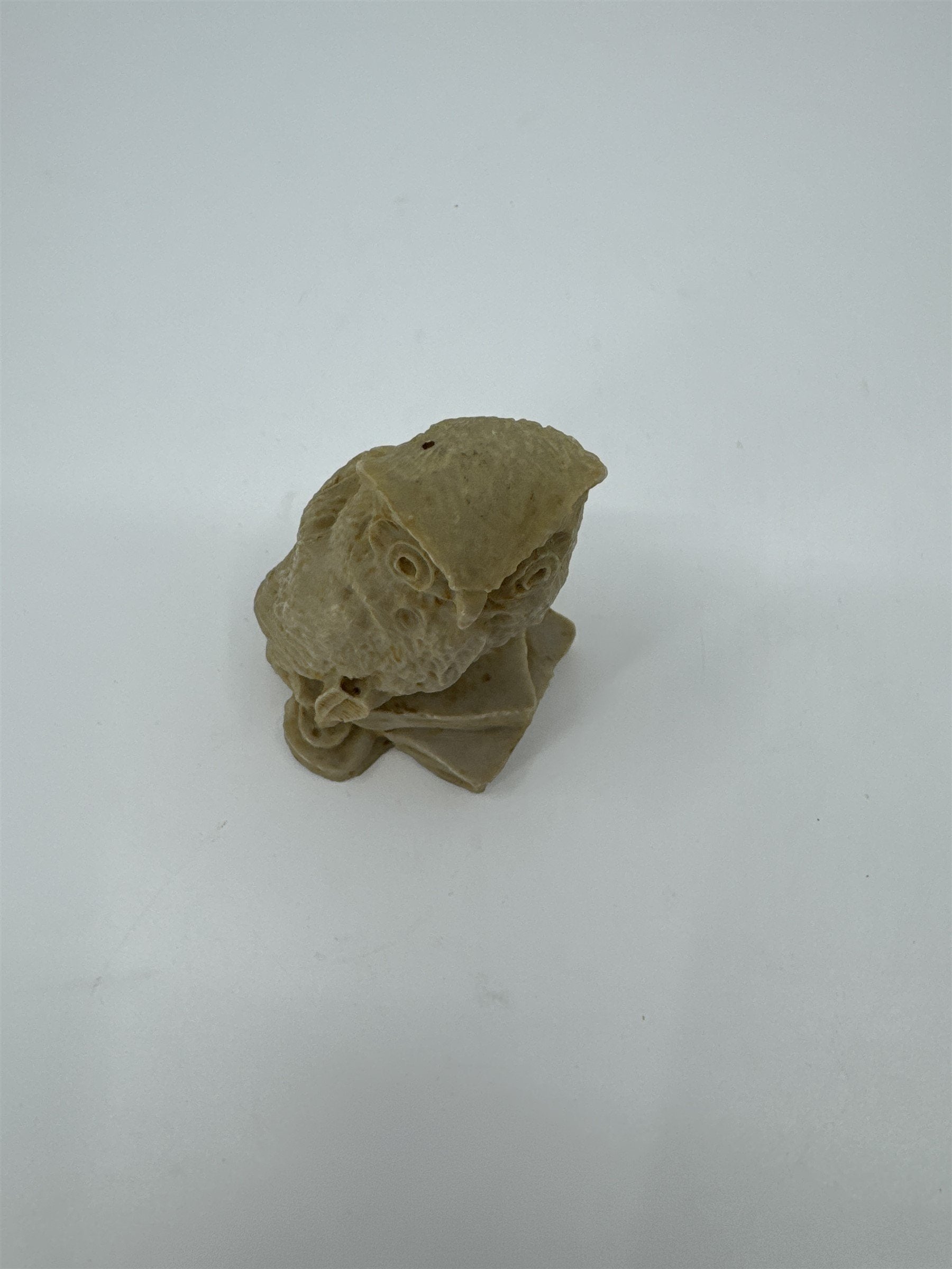 Vintage 3" Carved Owl Bird Figurine Stone on Books /w Quill Ink Well Smart Owl