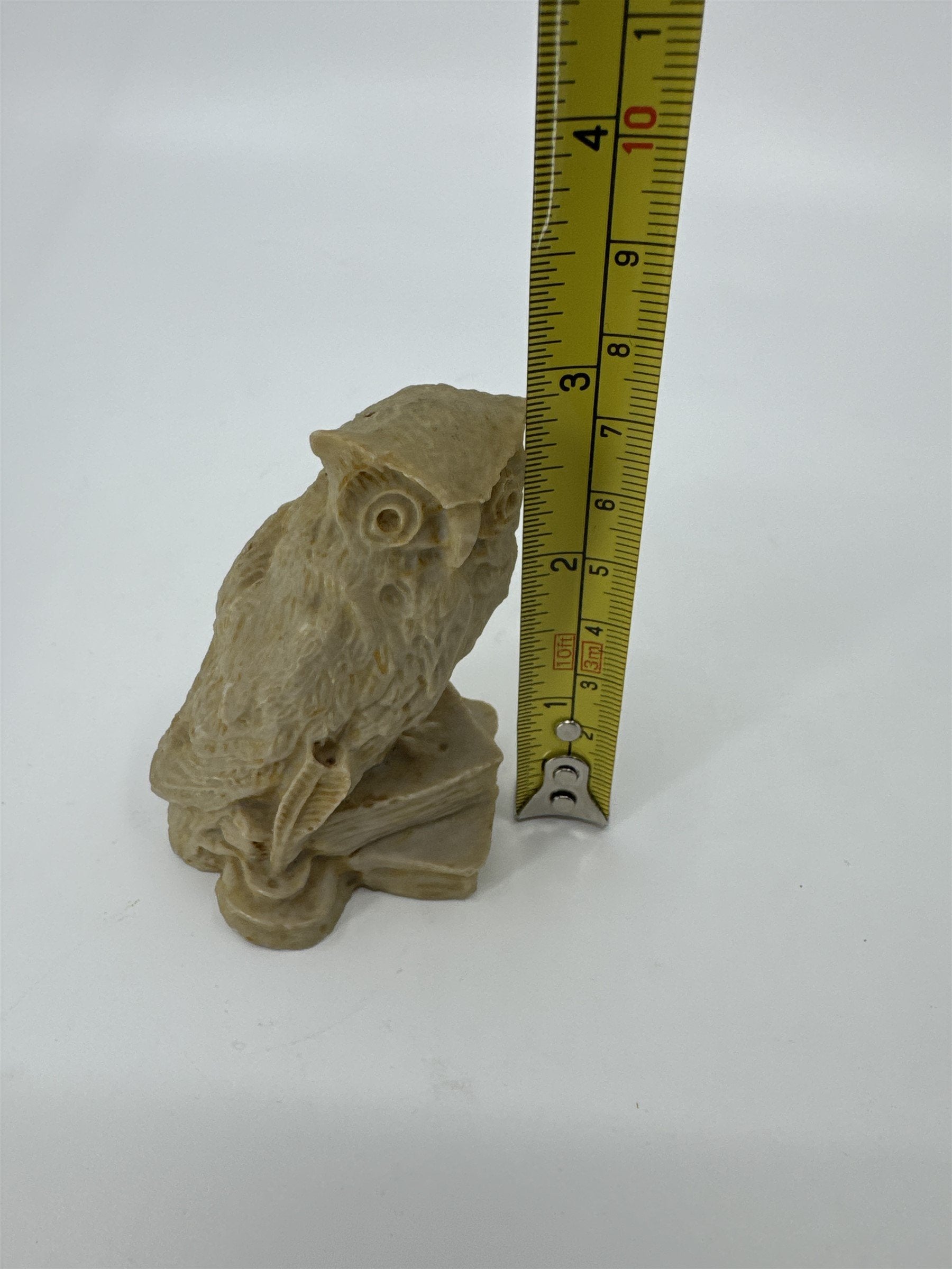 Vintage 3" Carved Owl Bird Figurine Stone on Books /w Quill Ink Well Smart Owl