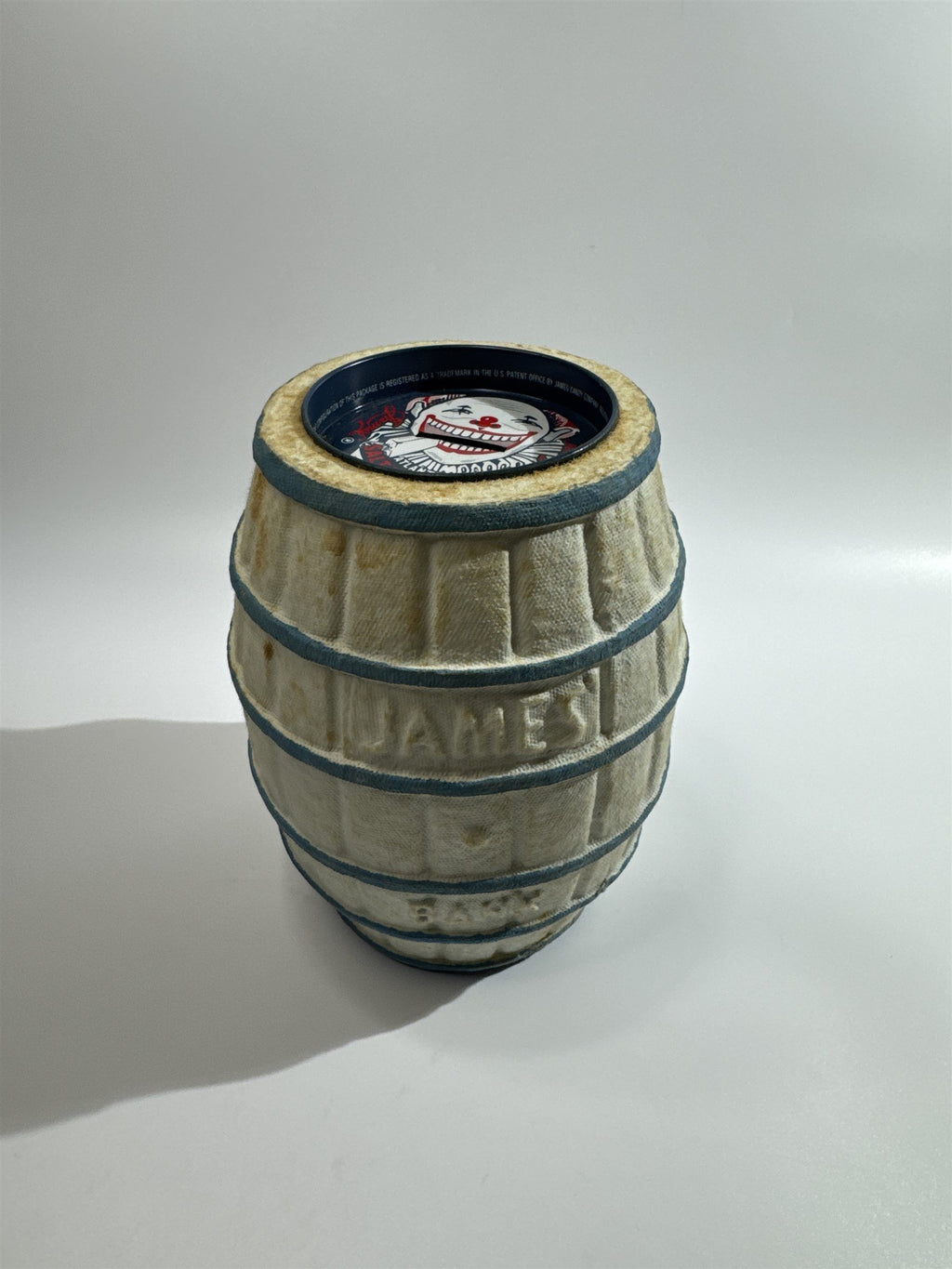 Vintage James Piggy Bank Actual Paper Mache Barrel Candy Salt Water Taffy Coin