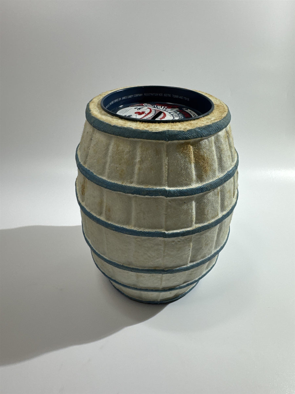 Vintage James Piggy Bank Actual Paper Mache Barrel Candy Salt Water Taffy Coin