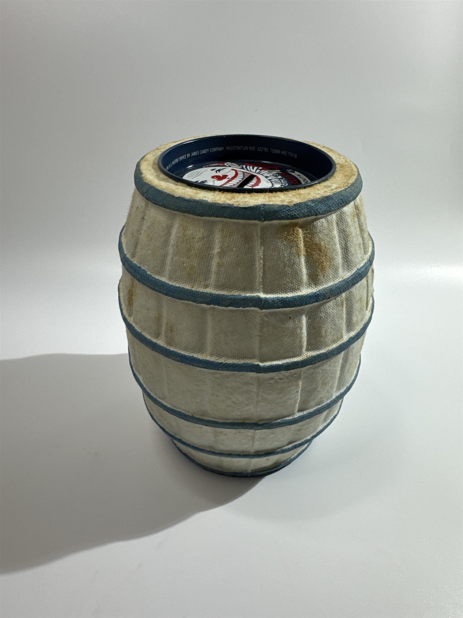 Vintage James Piggy Bank Actual Paper Mache Barrel Candy Salt Water Taffy Coin