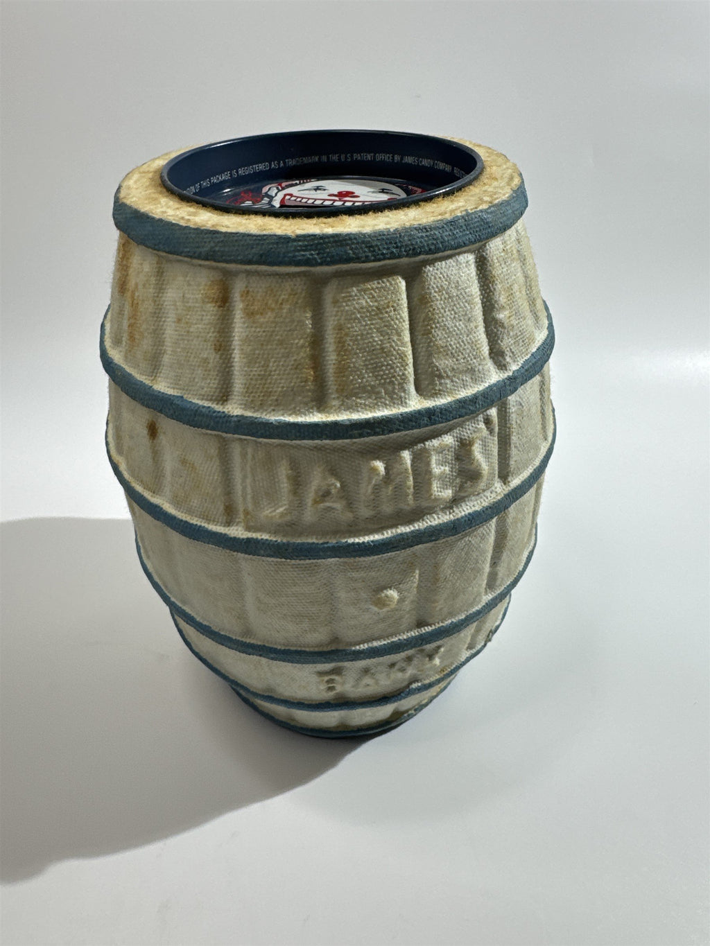 Vintage James Piggy Bank Actual Paper Mache Barrel Candy Salt Water Taffy Coin