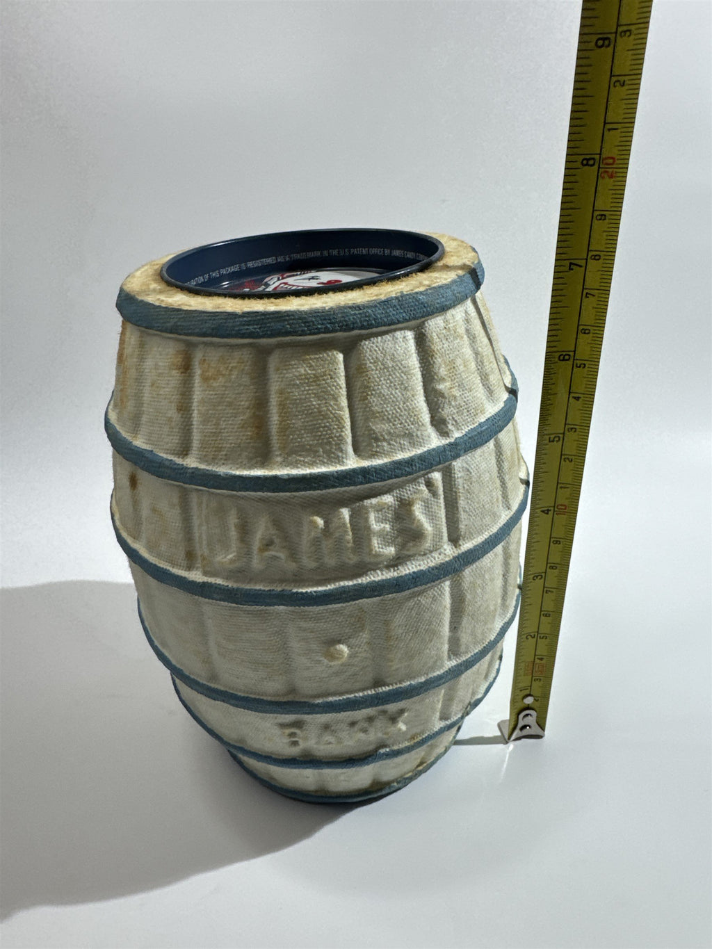 Vintage James Piggy Bank Actual Paper Mache Barrel Candy Salt Water Taffy Coin