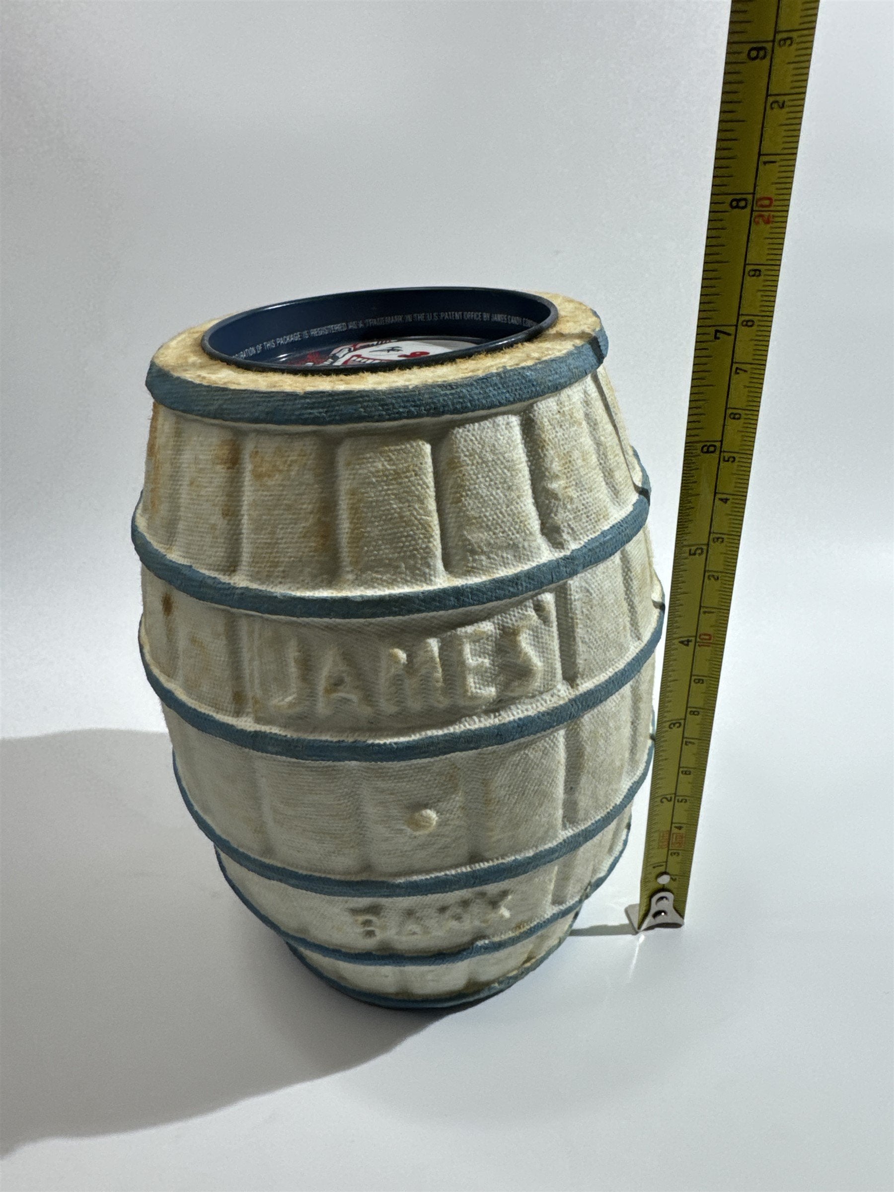 Vintage James Piggy Bank Actual Paper Mache Barrel Candy Salt Water Taffy Coin