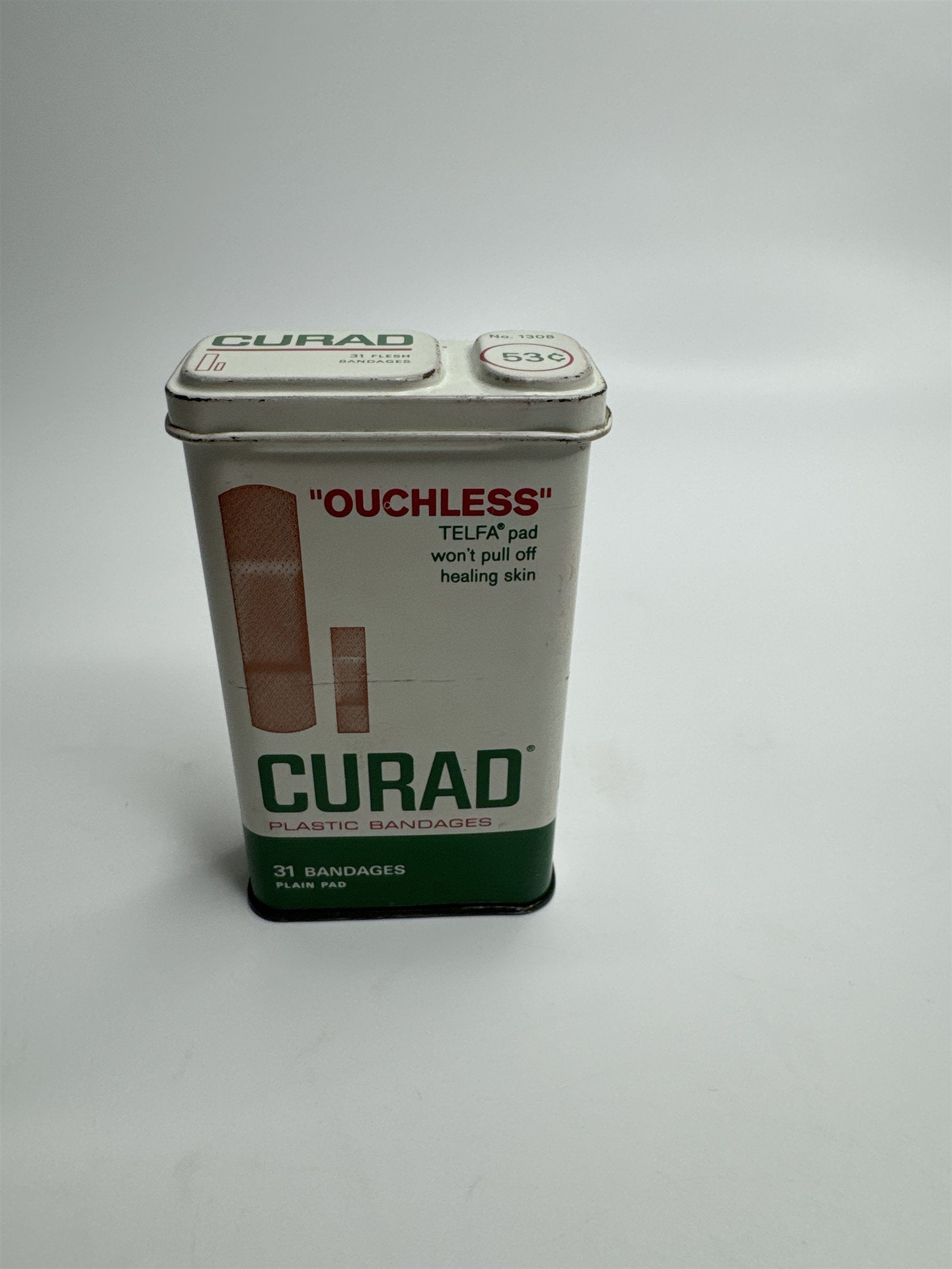 Vintage Empty Curad Ouchless TELFA Plastic Bandages Tin Memorabilia