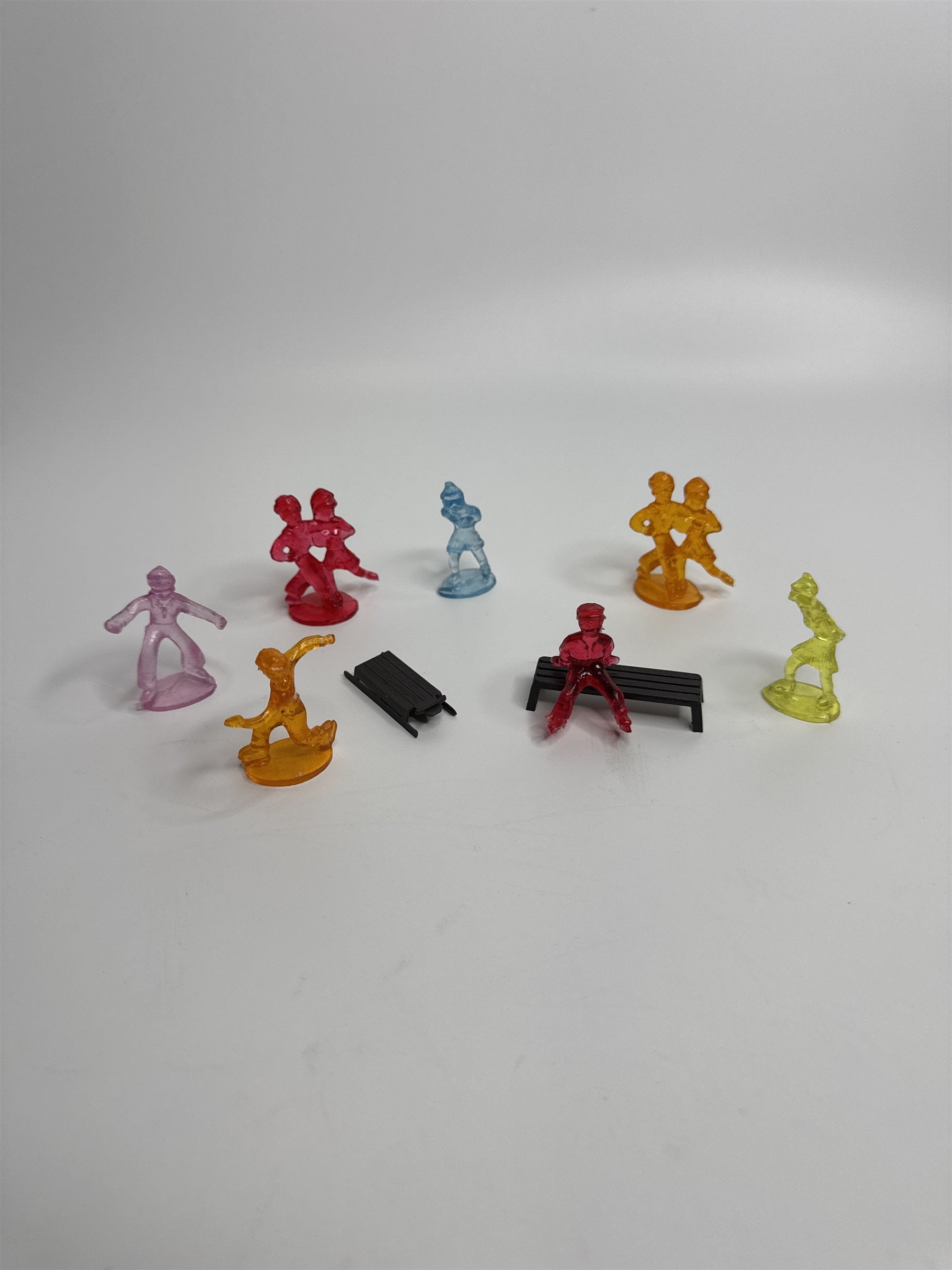 9pc Vintage Multicolor Hard Plastic Ice Skaters and Benches Set