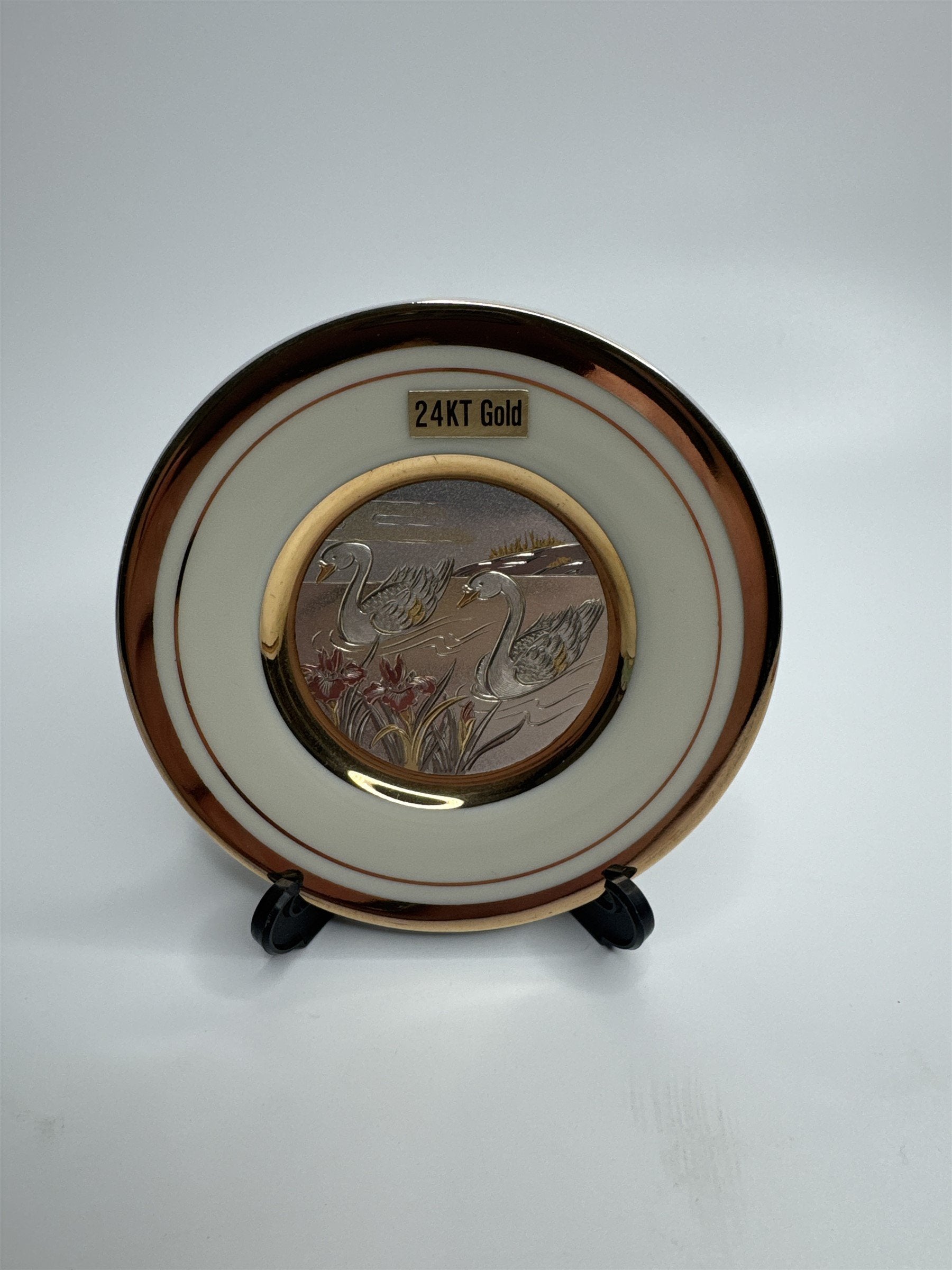 Vintage The Art of Chokin 24K Gold Edged Etched Goose Lily Lake Scene DecorPlate