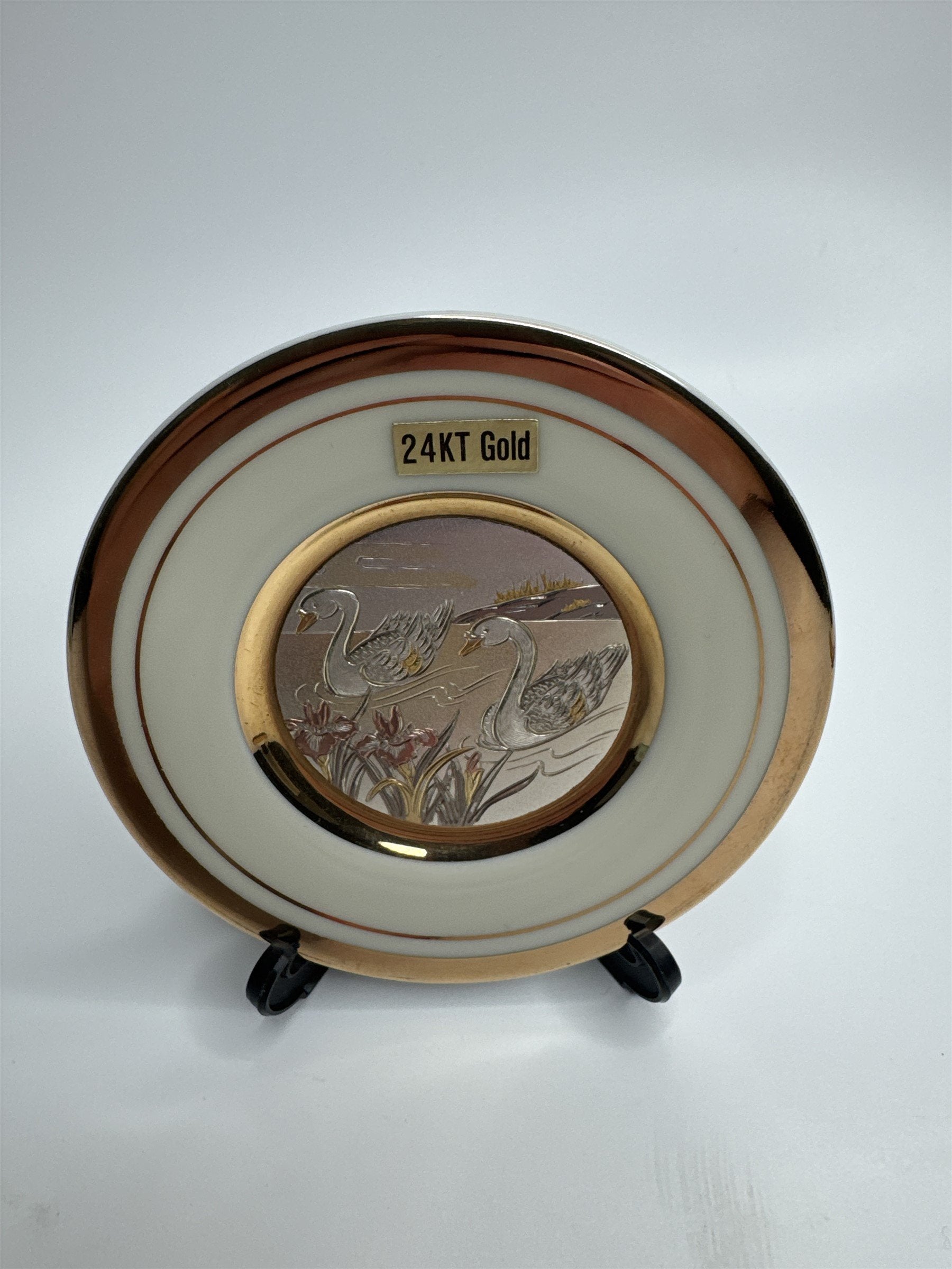 Vintage The Art of Chokin 24K Gold Edged Etched Goose Lily Lake Scene DecorPlate
