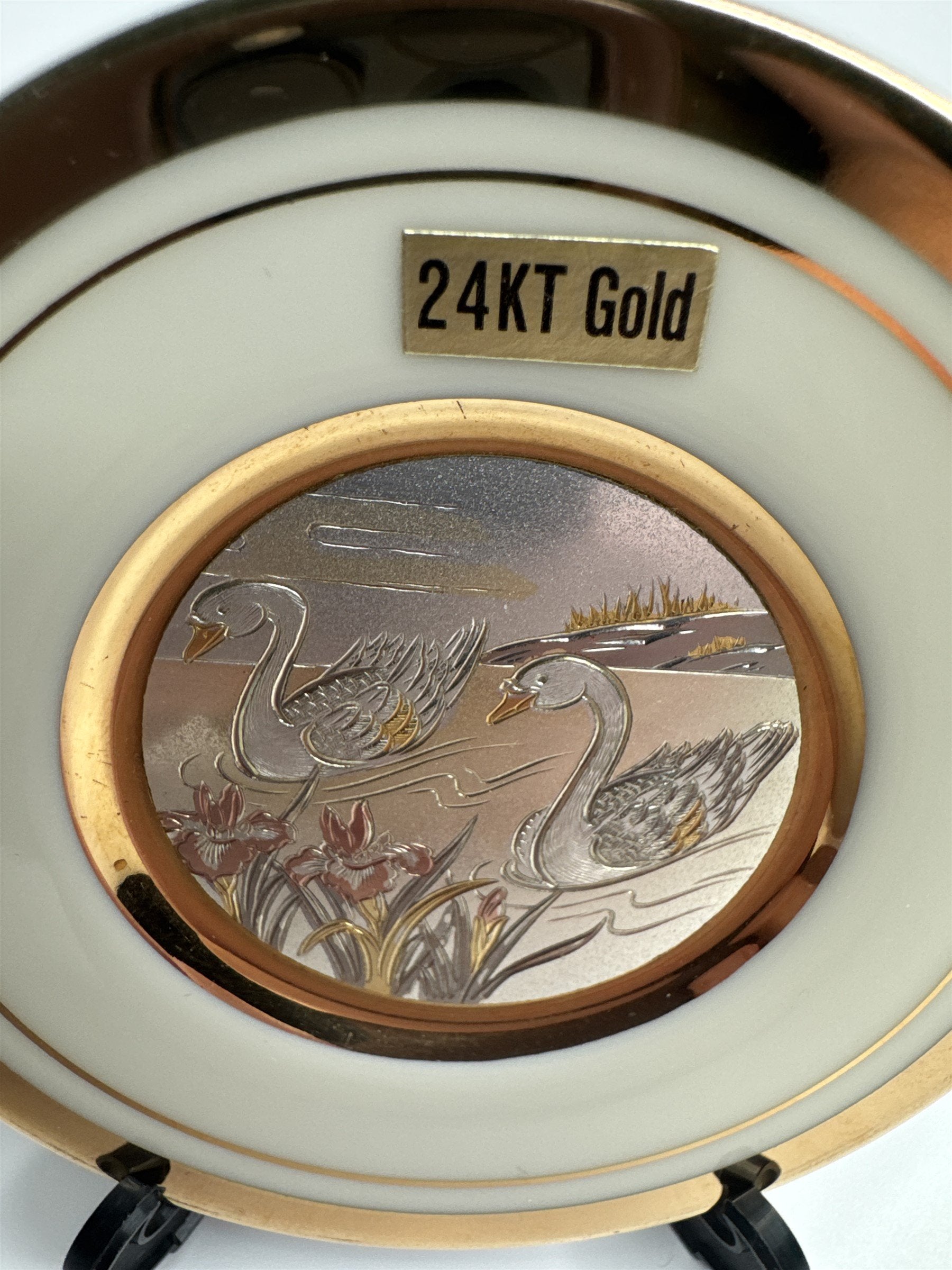 Vintage The Art of Chokin 24K Gold Edged Etched Goose Lily Lake Scene DecorPlate