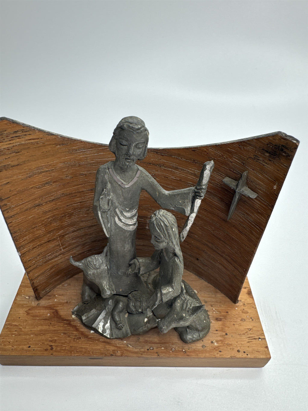 Peltro Italy Wooden and Lead Metal Miniature Nativity Scene Cross Display Set