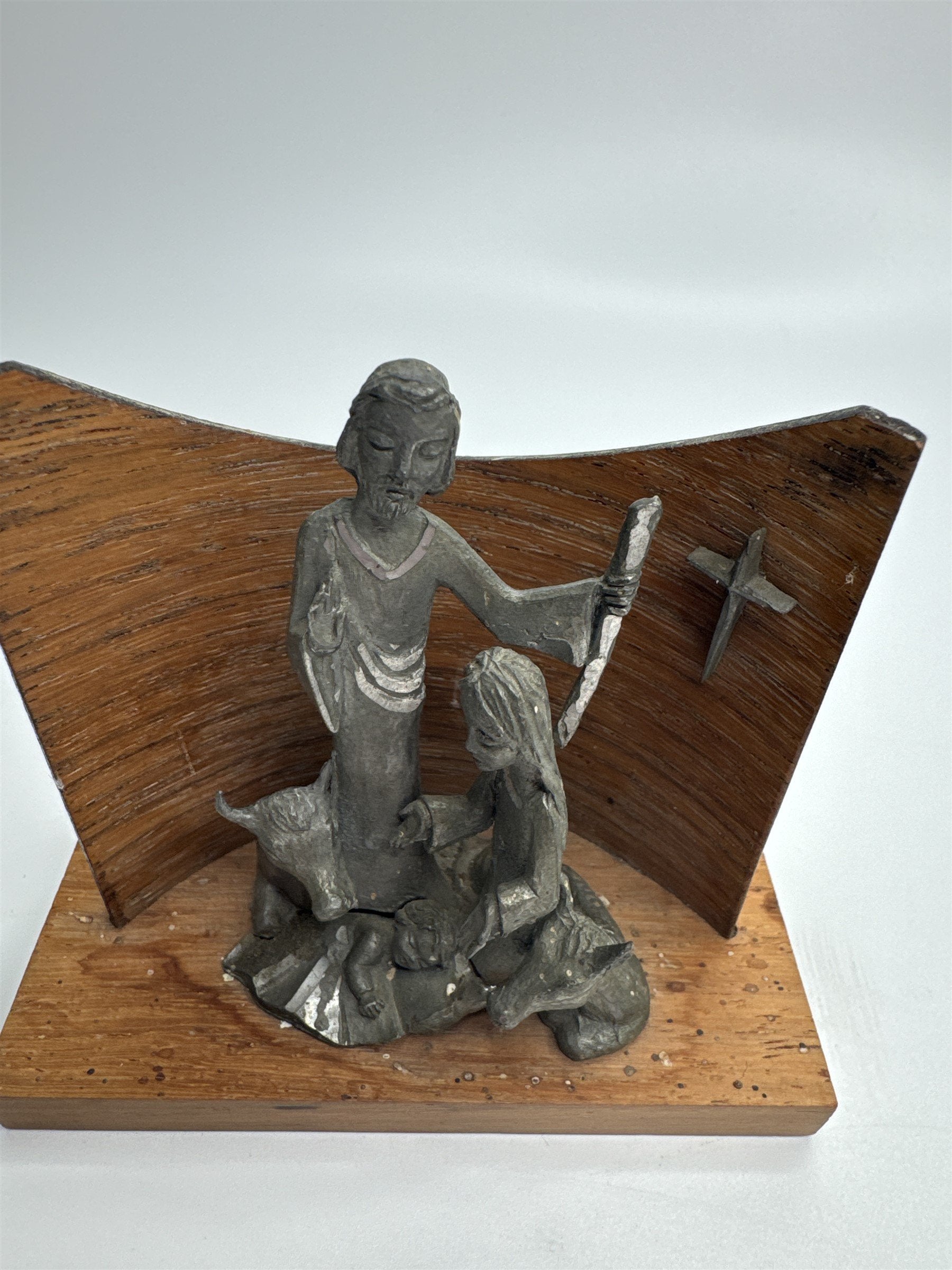 Peltro Italy Wooden and Lead Metal Miniature Nativity Scene Cross Display Set