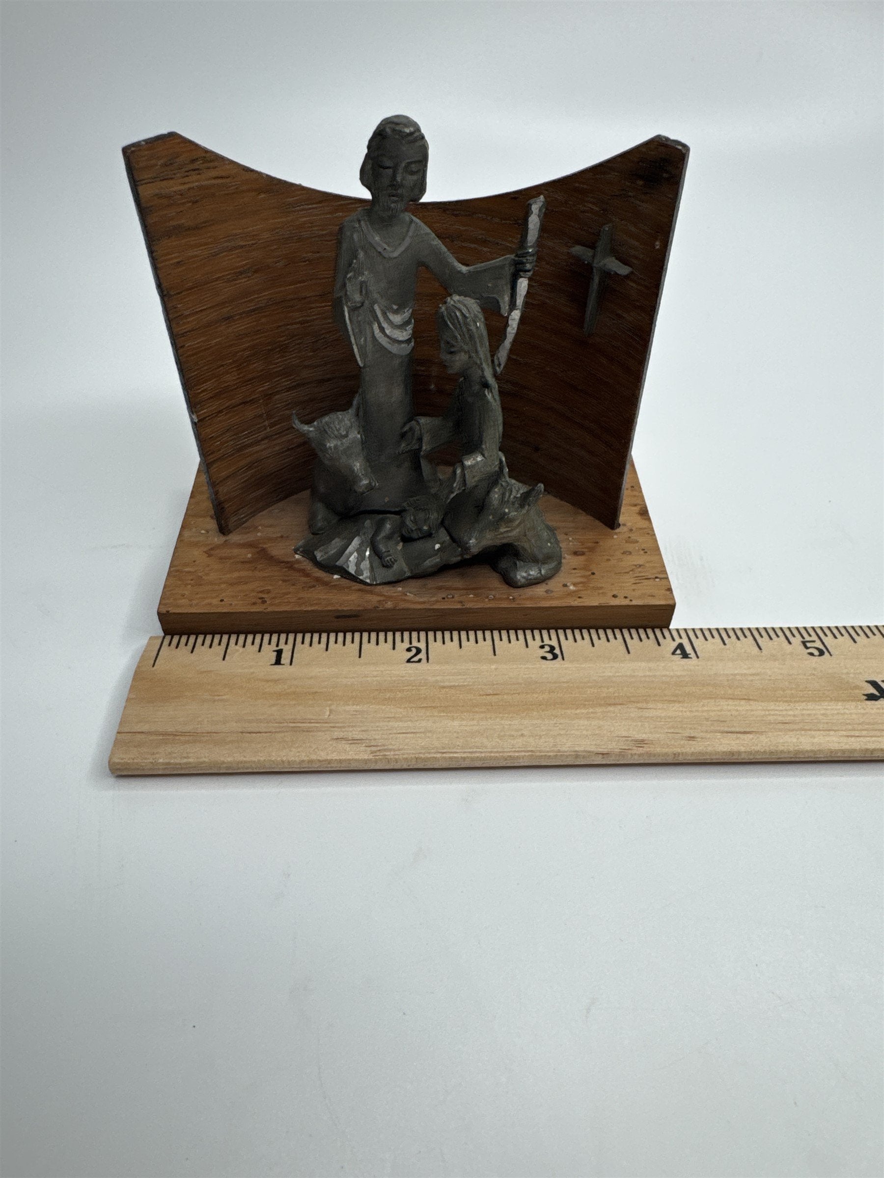 Peltro Italy Wooden and Lead Metal Miniature Nativity Scene Cross Display Set