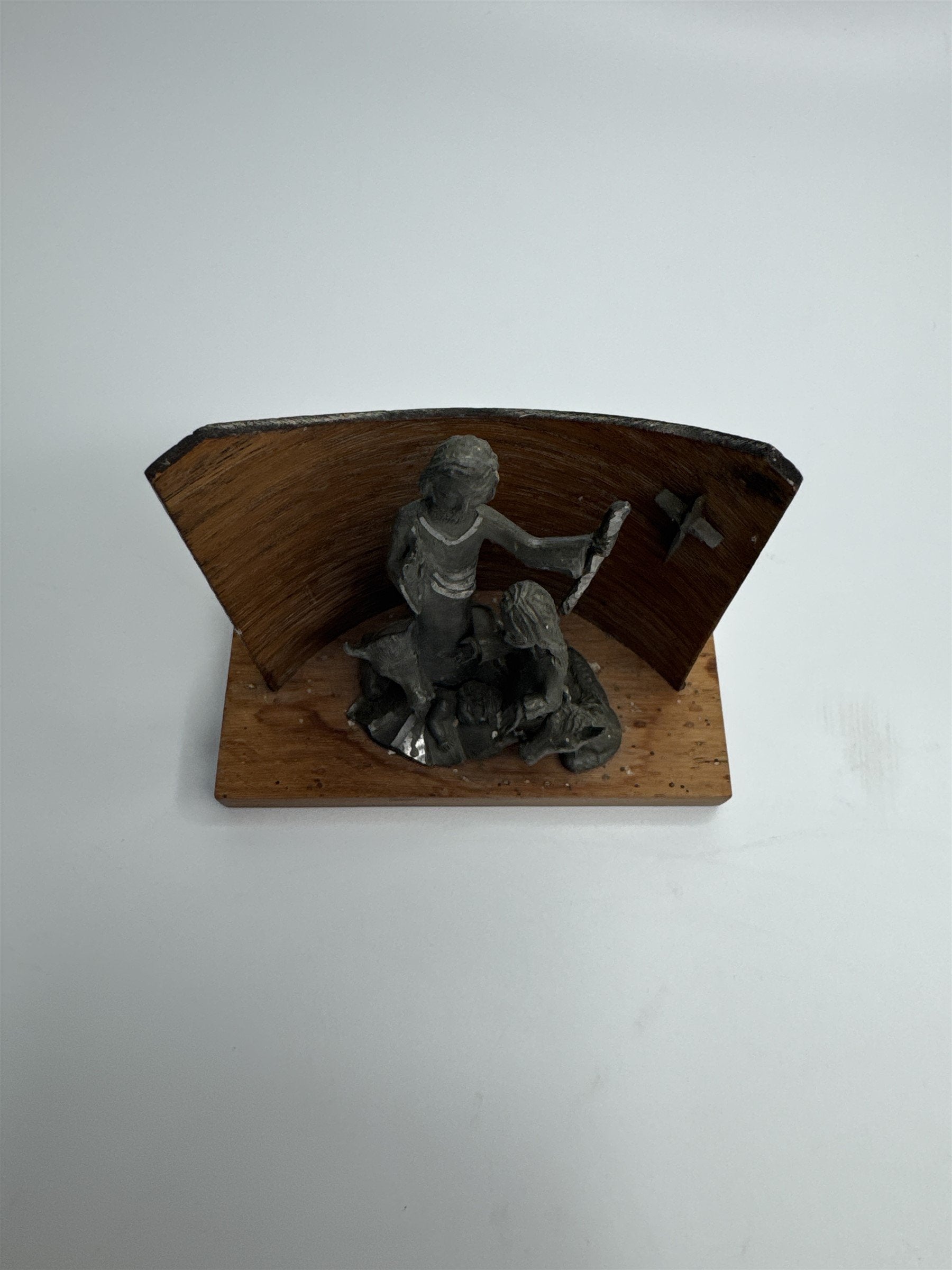 Peltro Italy Wooden and Lead Metal Miniature Nativity Scene Cross Display Set