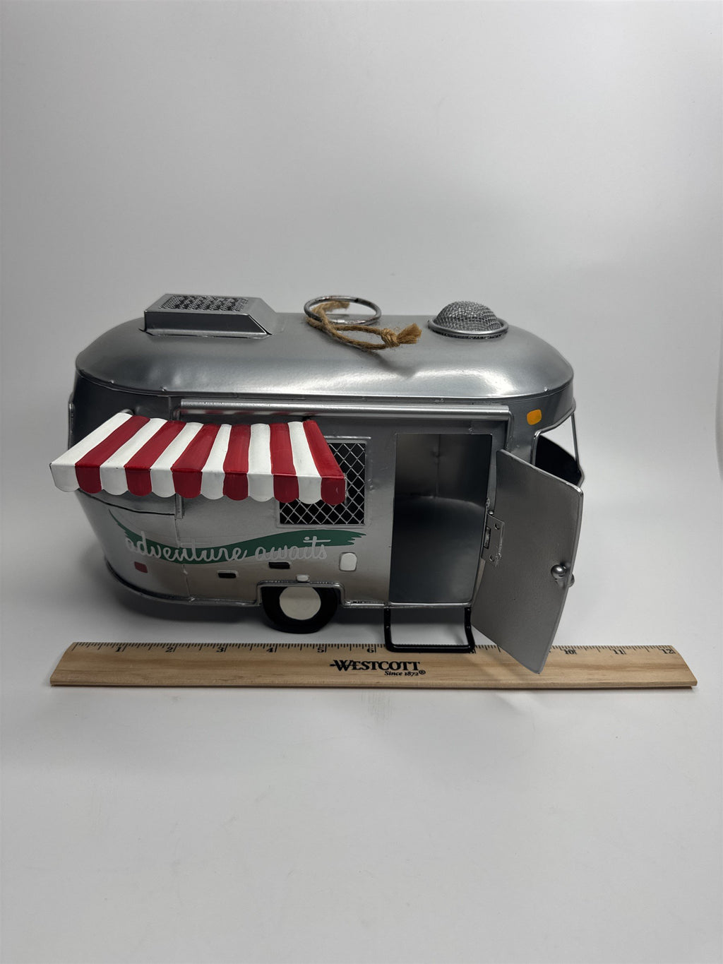 Hanging Metal Art Adventure Awaits Trailer Camper Bird Feeder Hitch Working Door