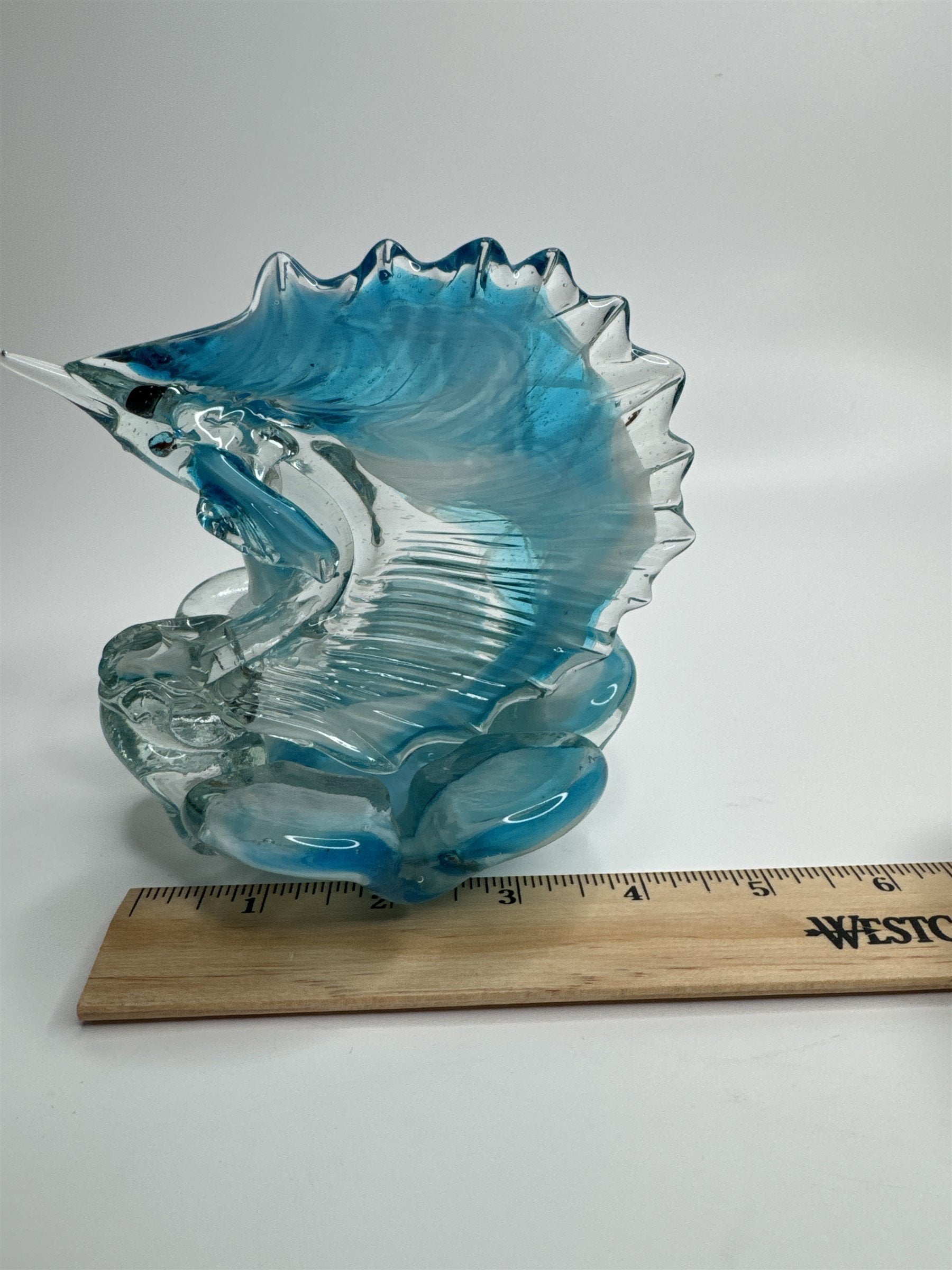 Vintage Hand Blown Blue Art Glass Sworded Fish Sculpture Ashtray MCM (Chips)