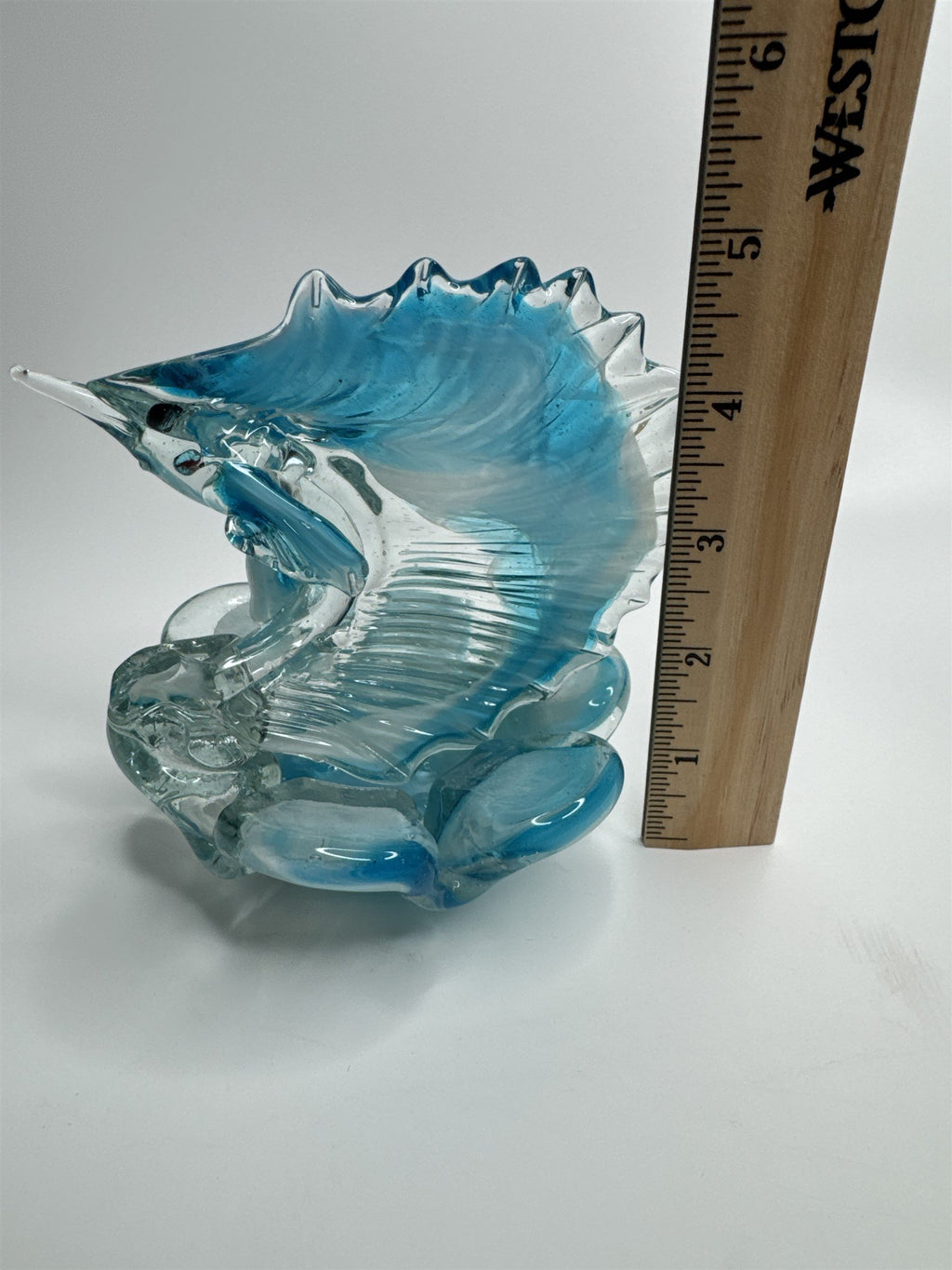 Vintage Hand Blown Blue Art Glass Sworded Fish Sculpture Ashtray MCM (Chips)