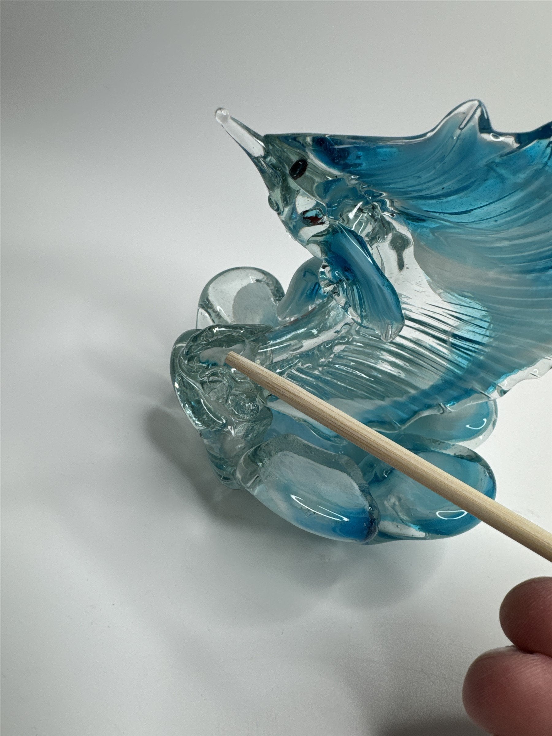 Vintage Hand Blown Blue Art Glass Sworded Fish Sculpture Ashtray MCM (Chips)