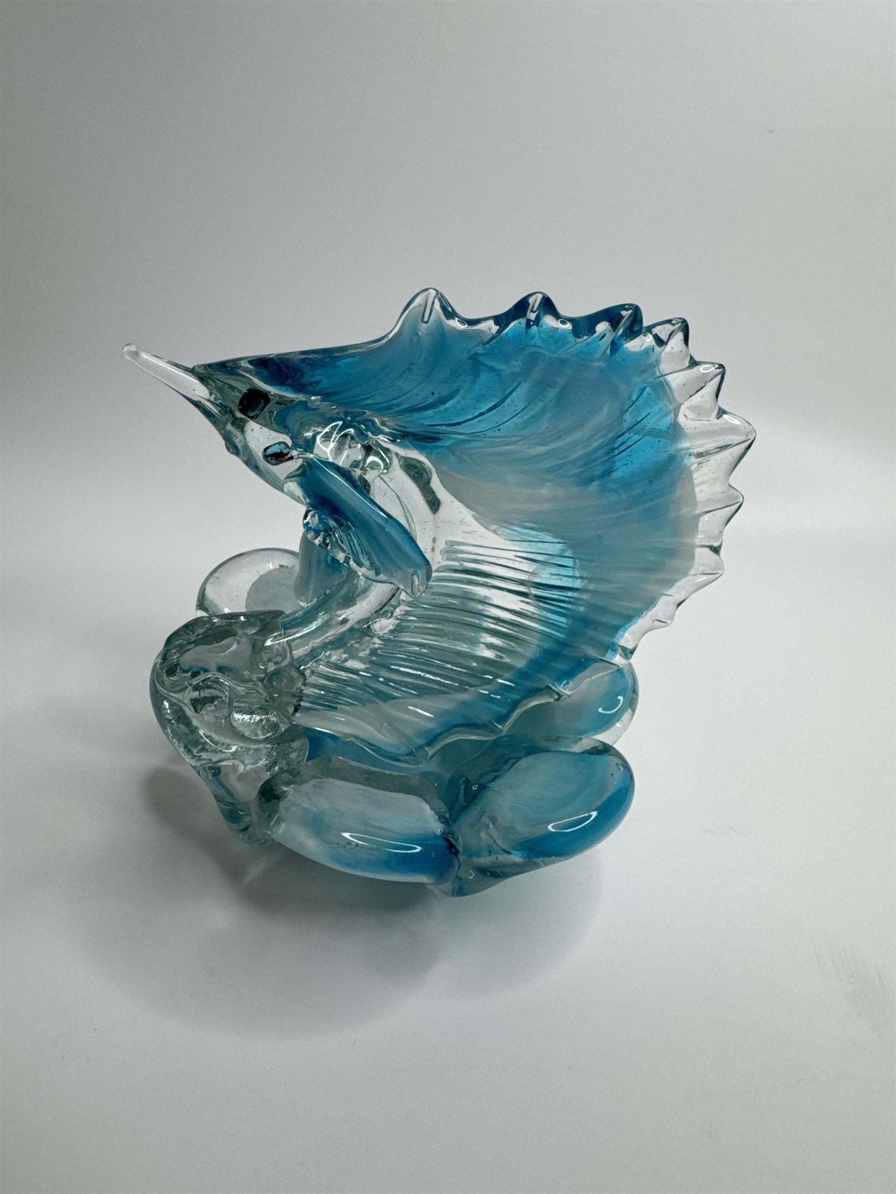 Vintage Hand Blown Blue Art Glass Sworded Fish Sculpture Ashtray MCM (Chips)
