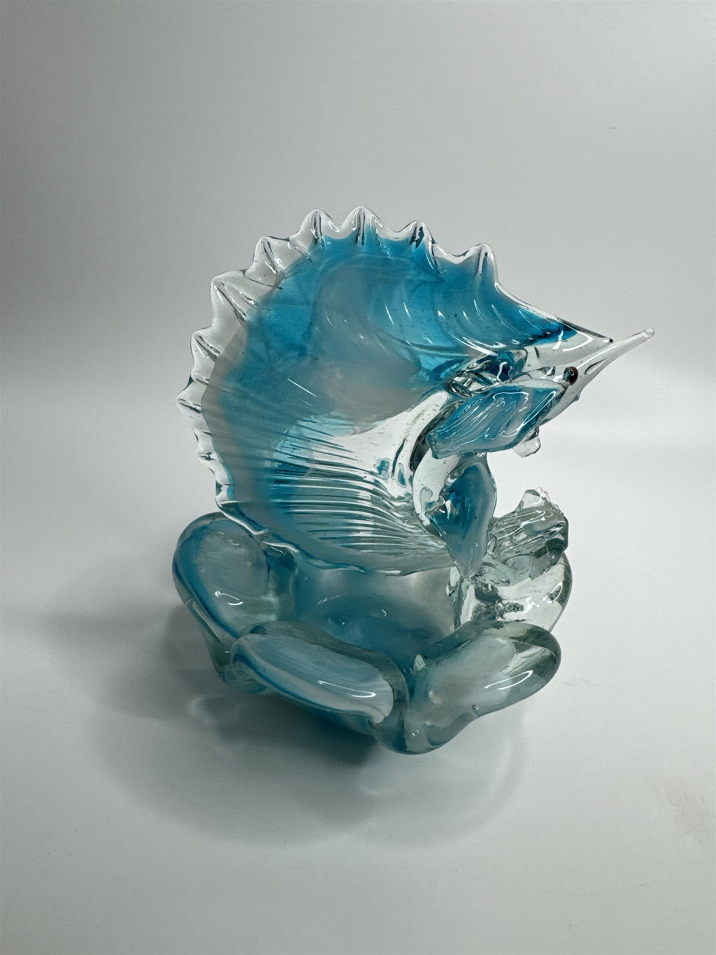 Vintage Hand Blown Blue Art Glass Sworded Fish Sculpture Ashtray MCM (Chips)