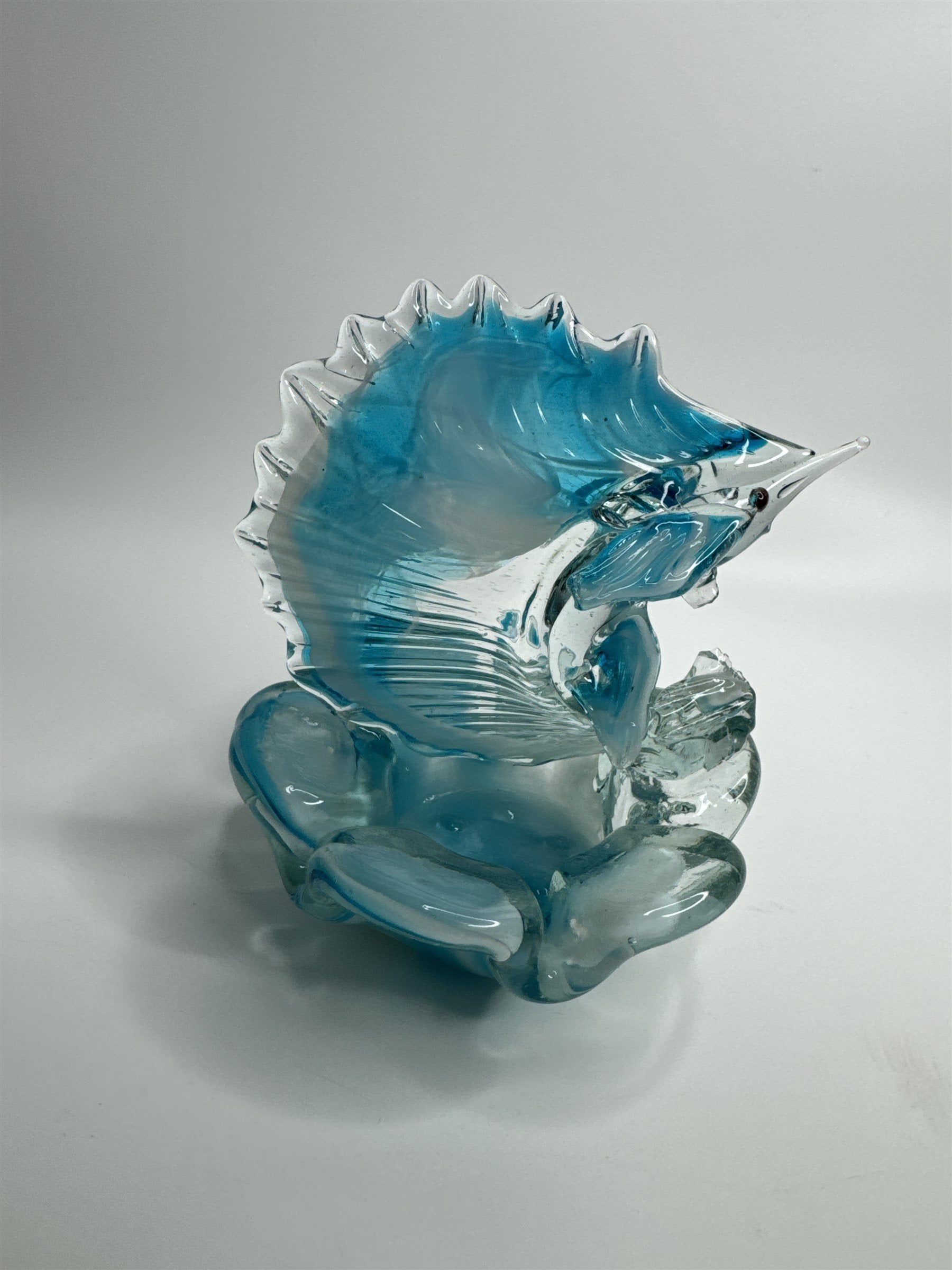 Vintage Hand Blown Blue Art Glass Sworded Fish Sculpture Ashtray MCM (Chips)