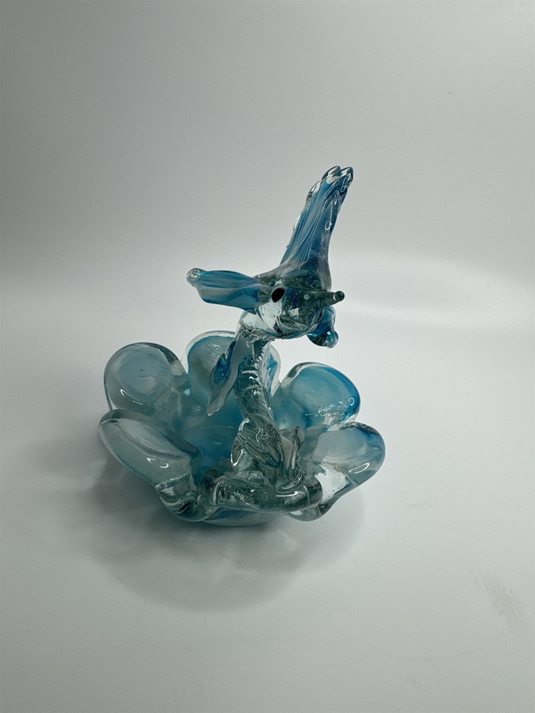 Vintage Hand Blown Blue Art Glass Sworded Fish Sculpture Ashtray MCM (Chips)
