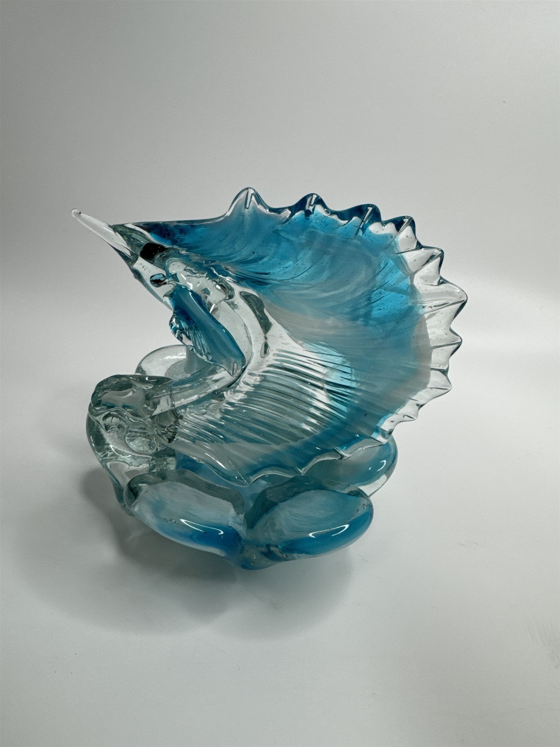 Vintage Hand Blown Blue Art Glass Sworded Fish Sculpture Ashtray MCM (Chips)