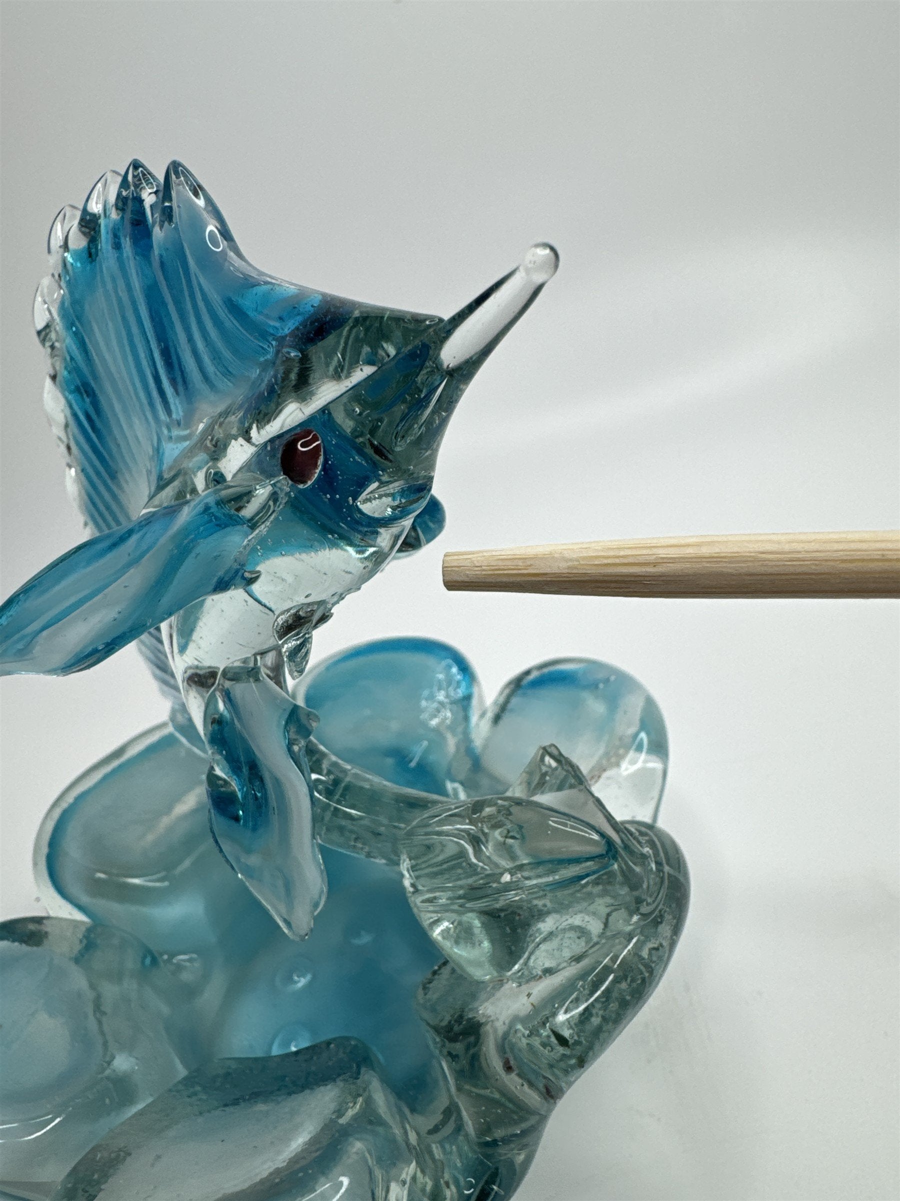 Vintage Hand Blown Blue Art Glass Sworded Fish Sculpture Ashtray MCM (Chips)