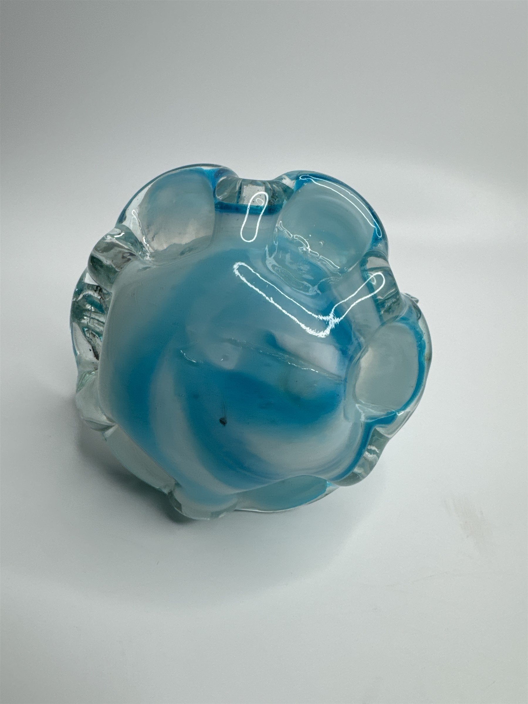 Vintage Hand Blown Blue Art Glass Sworded Fish Sculpture Ashtray MCM (Chips)