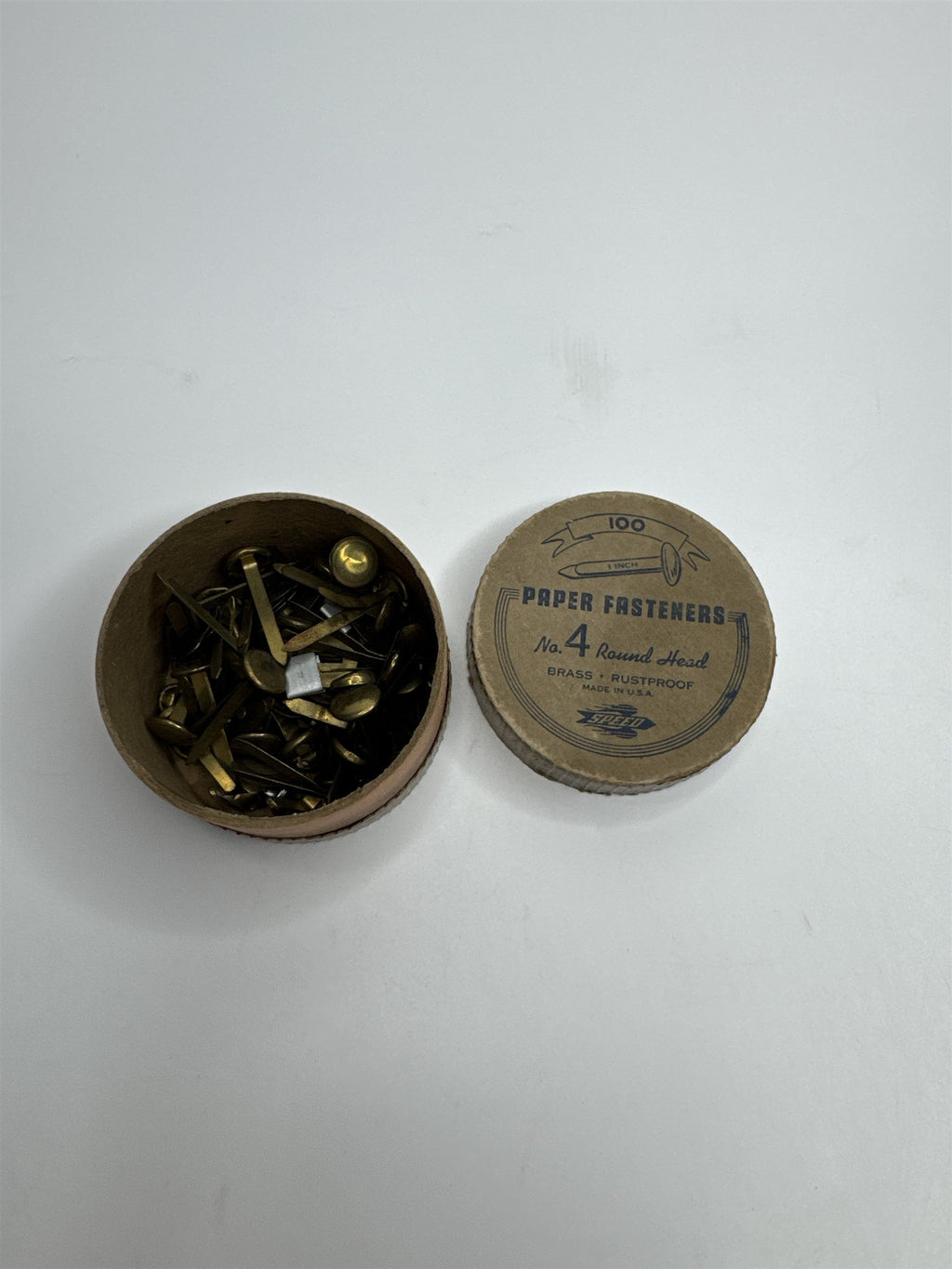 Vintage Speed Brass Rustproof USA No 4 Round Head Paper Fasteners /w Packaging