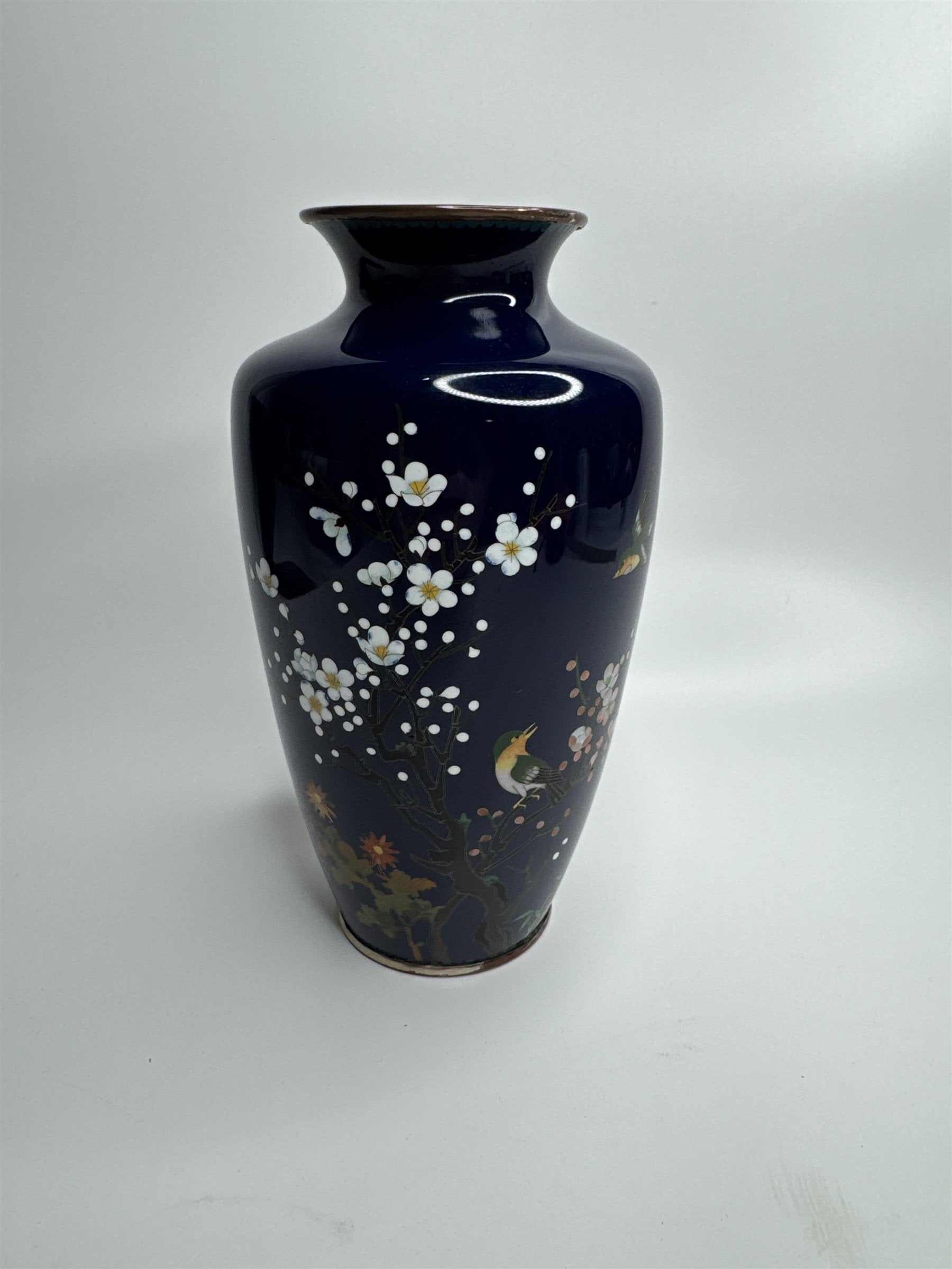 Sato Japanese Cloisonne Vase Deep Blue Cherry Blossom Gold Trim 7-1/4"