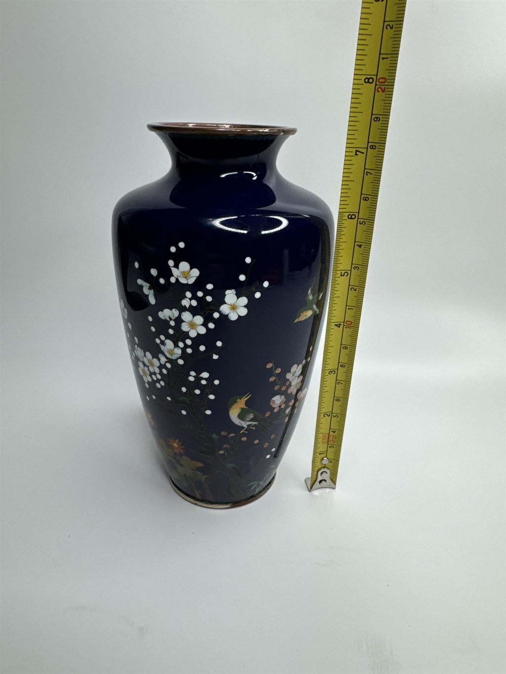 Sato Japanese Cloisonne Vase Deep Blue Cherry Blossom Gold Trim 7-1/4"