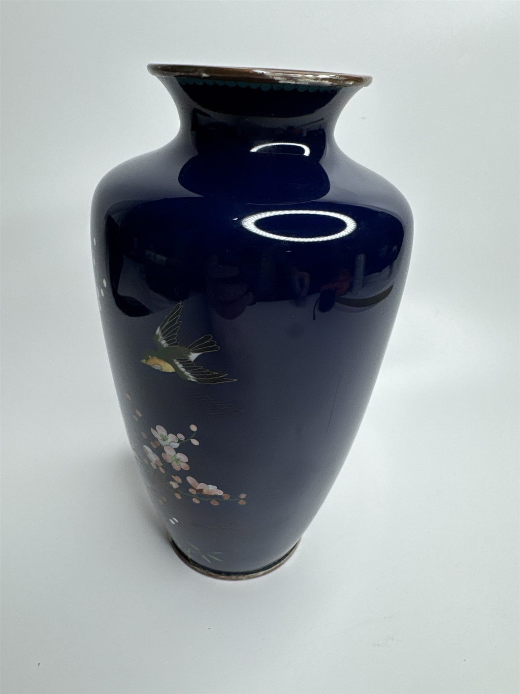 Sato Japanese Cloisonne Vase Deep Blue Cherry Blossom Gold Trim 7-1/4"