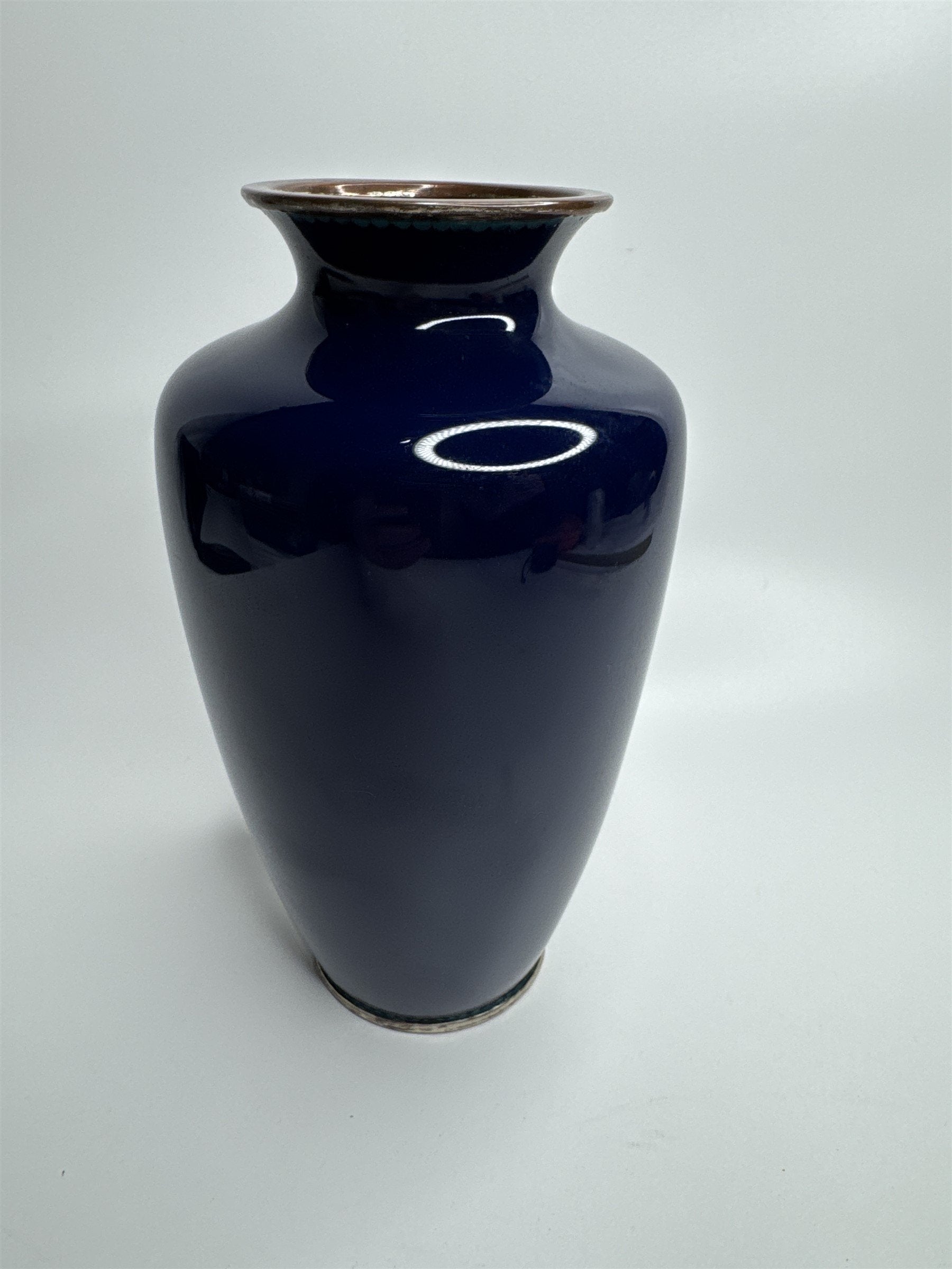 Sato Japanese Cloisonne Vase Deep Blue Cherry Blossom Gold Trim 7-1/4"