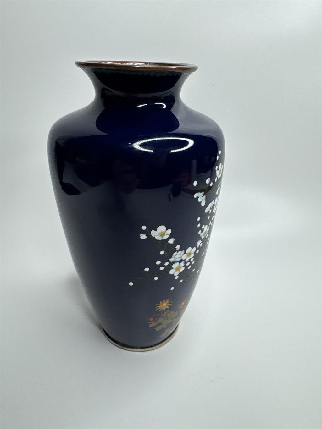 Sato Japanese Cloisonne Vase Deep Blue Cherry Blossom Gold Trim 7-1/4"