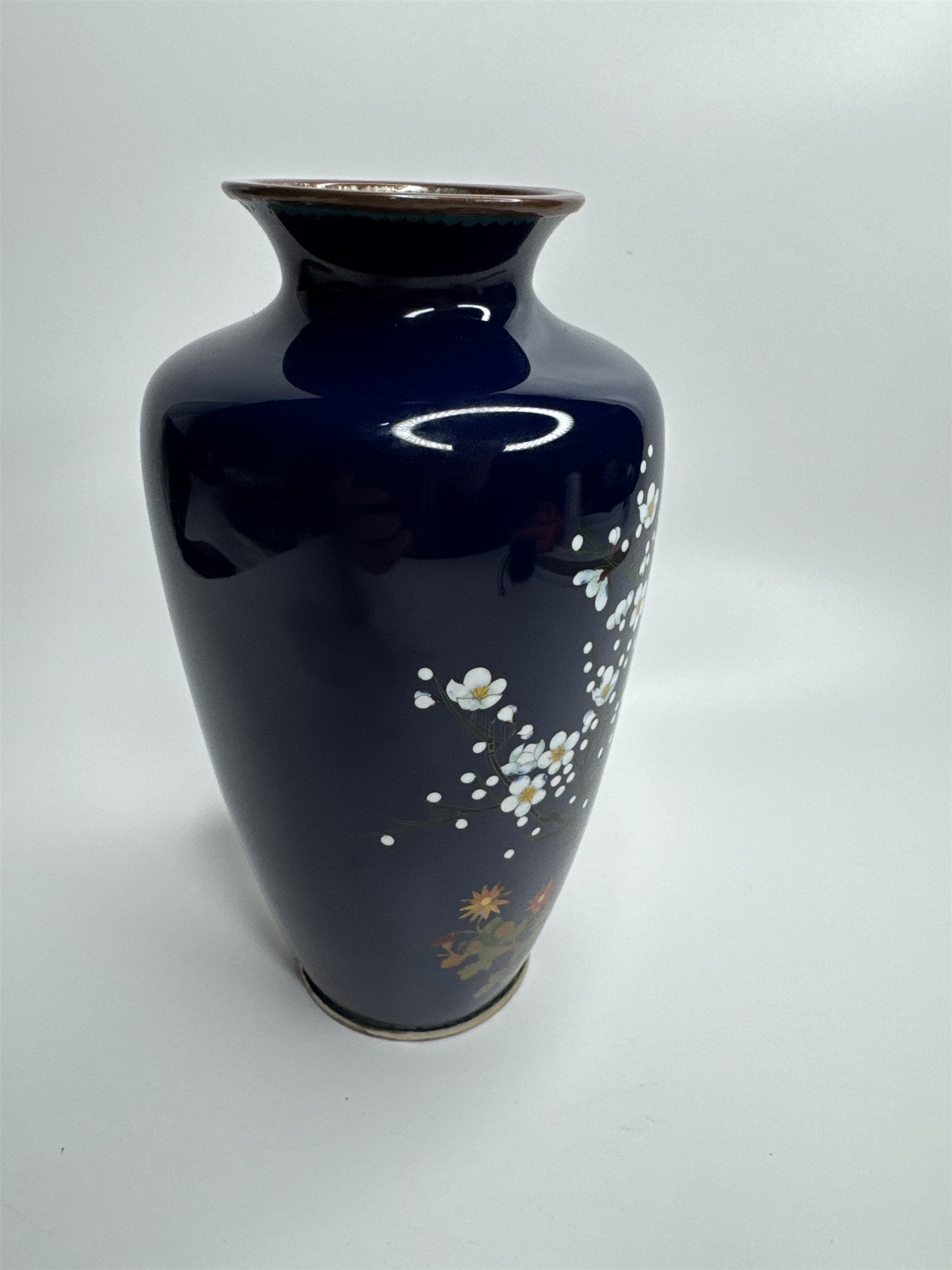 Sato Japanese Cloisonne Vase Deep Blue Cherry Blossom Gold Trim 7-1/4"