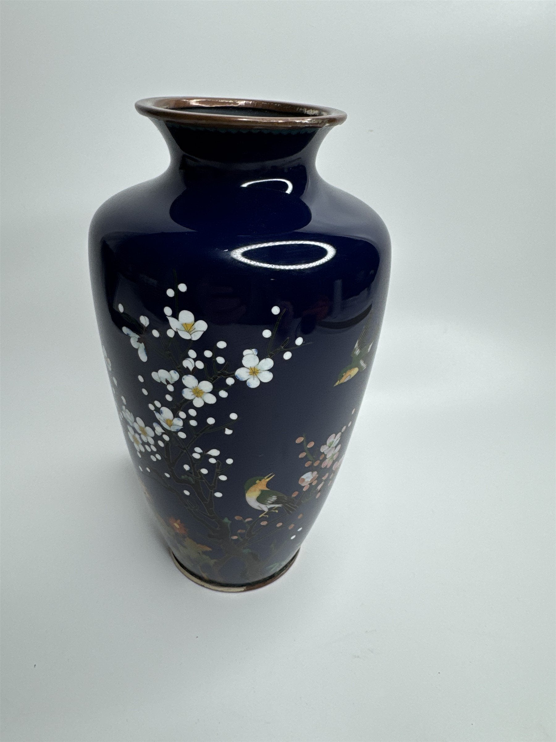 Sato Japanese Cloisonne Vase Deep Blue Cherry Blossom Gold Trim 7-1/4"