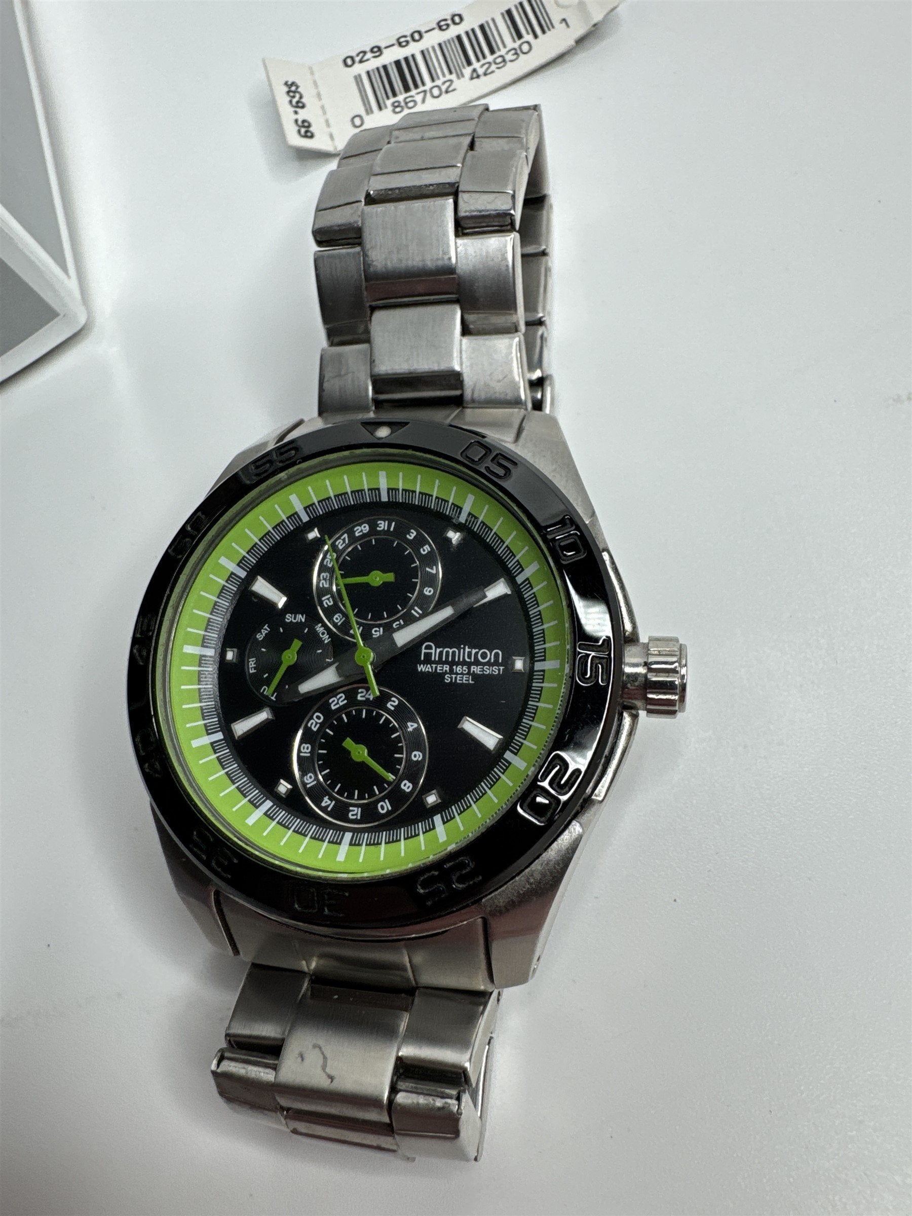Armitron Mens Water-Resistant 165 Ft Stainless Steel Calendar Watch Lime Green