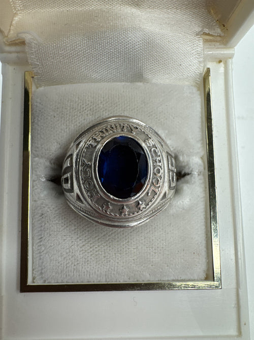 1965 Holy Trinity High School Sterling Silver Sapphire Blue Class Ring 8.25