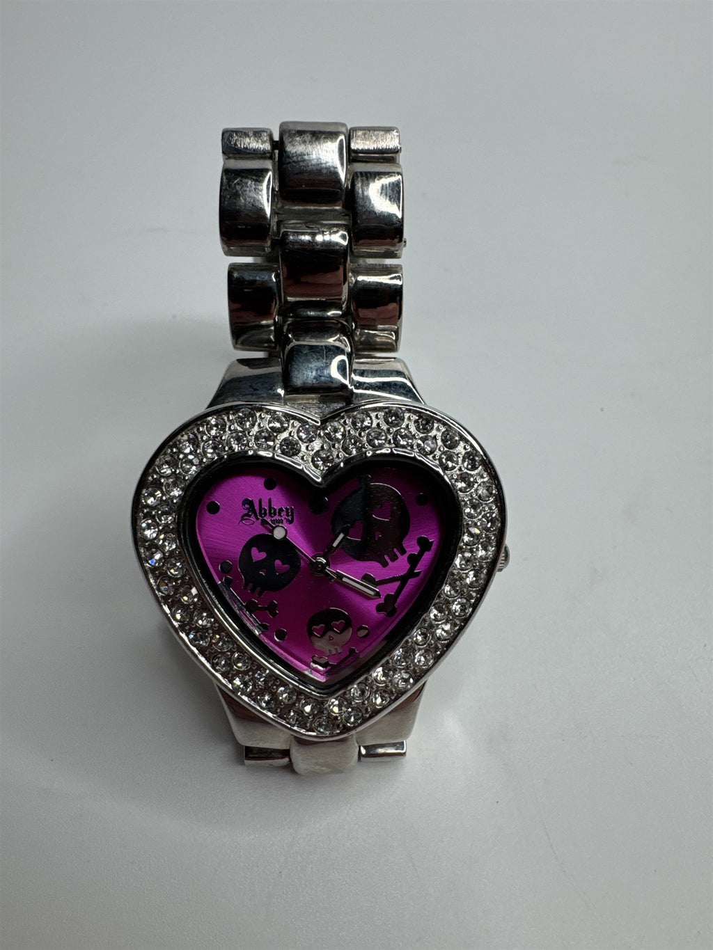 Abbey Stainless Steel Rhinestone and Pink Crossbones Heart Skulls Wristwatch