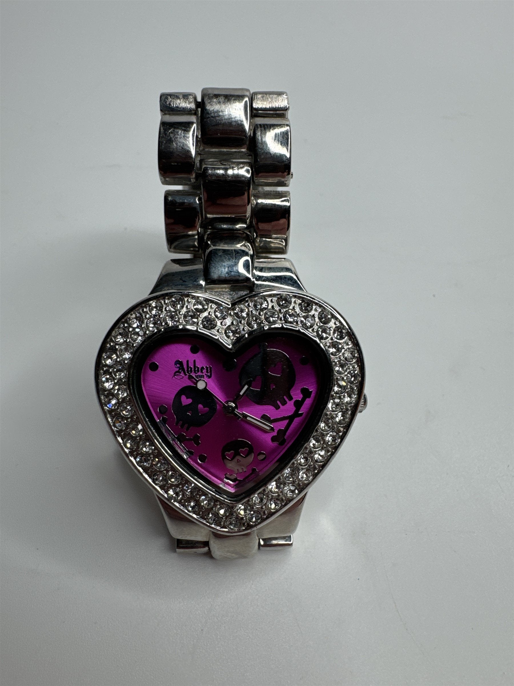 Abbey Stainless Steel Rhinestone and Pink Crossbones Heart Skulls Wristwatch