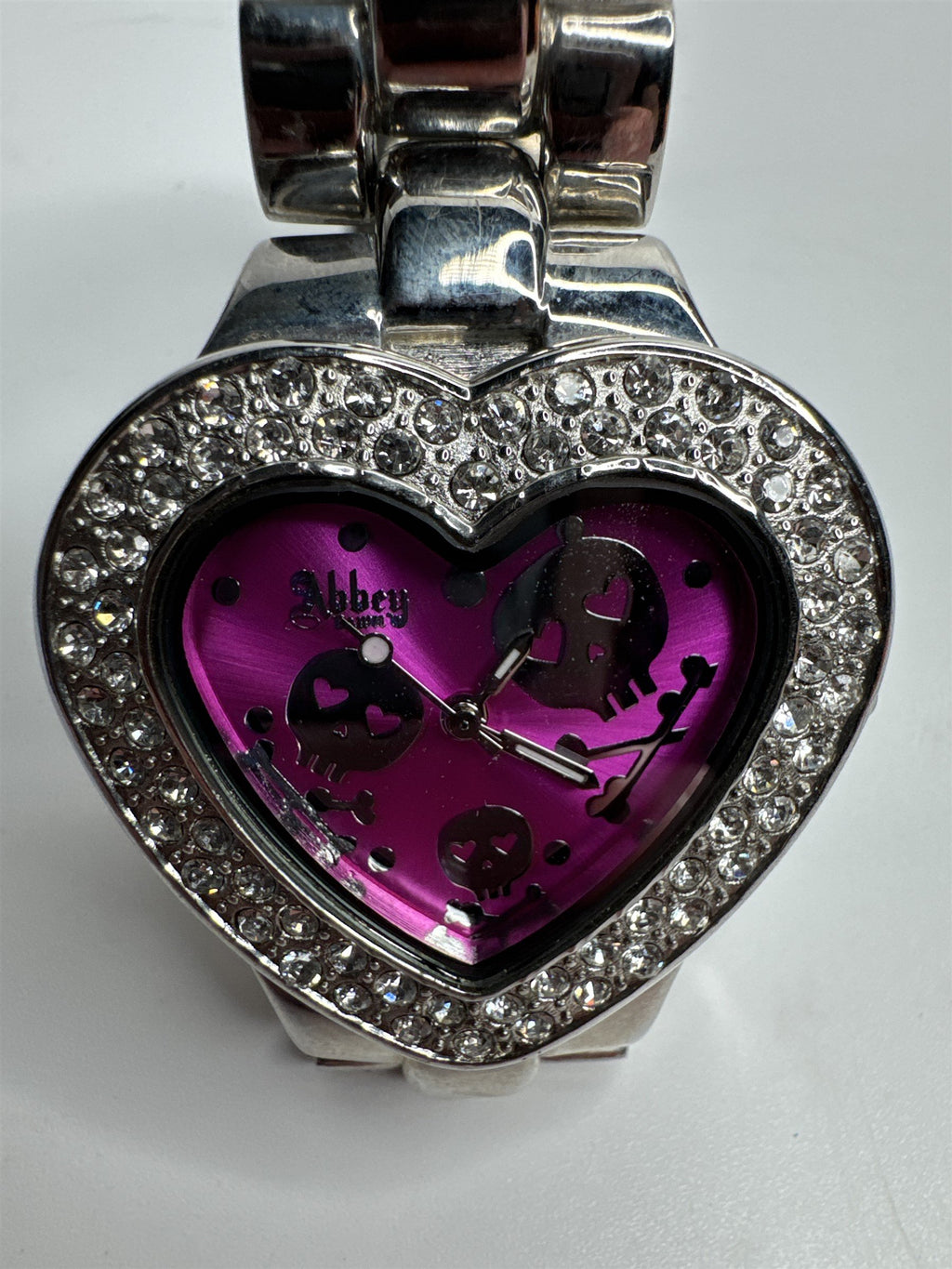 Abbey Stainless Steel Rhinestone and Pink Crossbones Heart Skulls Wristwatch